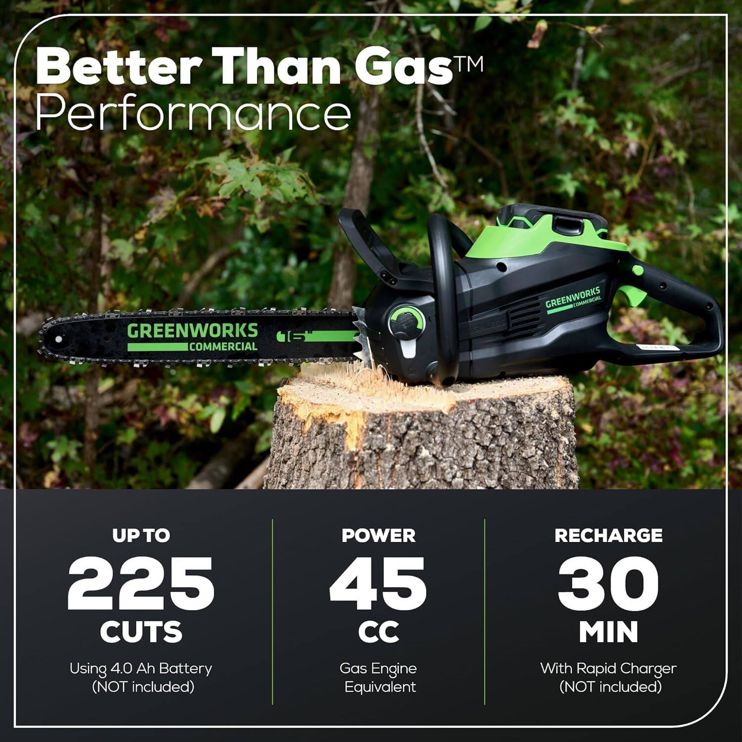 Better Than Gas™ Performance

GREENWORKS COMMERCIAL

UP TO 225 CUTS  
Using 4.0 Ah Battery (NOT included)

POWER 45 CC  
Gas Engine Equivalent

RECHARGE 30 MIN  
With Rapid Charger (NOT included)