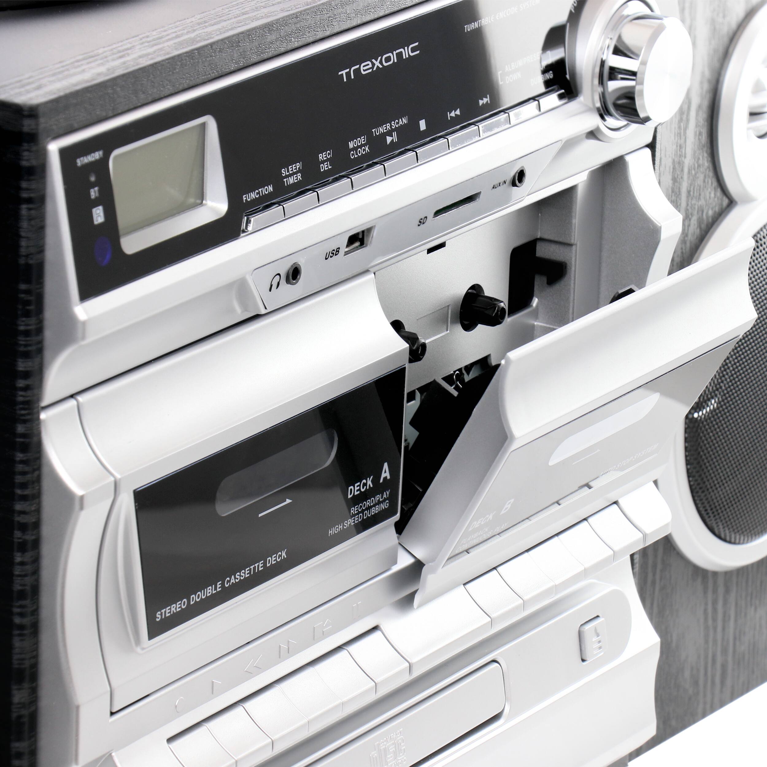 Sure, here is the corrected and grouped text from the image:

- **Trexonic**
- **STEREO DOUBLE CASSETTE DECK**
- **DECK A**
  - **RECORDING**
  - **HIGH SPEED DUBBING**
- **FUNCTION**
- **SLEEP TIMER**
- **REC DEL**
- **MODE CLOCK**
- **TUNER SCAN**
- **USB**
- **AUX IN**
- **STEREO**
- **TUNER/CD/MP3**
- **ALBUM PRESET**
- **TUNER/CD/MP3**
- **ALBUM PRESET**
- **TUNER/CD/MP3**
- **ALBUM PRESET**
- **TUNER/CD/MP3**
- **ALBUM PRESET**
- **TUNER/CD/MP3**
- **ALBUM PRESET**
- **TUNER/CD/MP3**
- **ALBUM PRESET**
- **TUNER/CD/MP3**
- **ALBUM PRESET**
- **TUNER/CD/MP3**
- **ALBUM PRESET**
- **TUNER/CD/MP3**
- **ALBUM PRESET