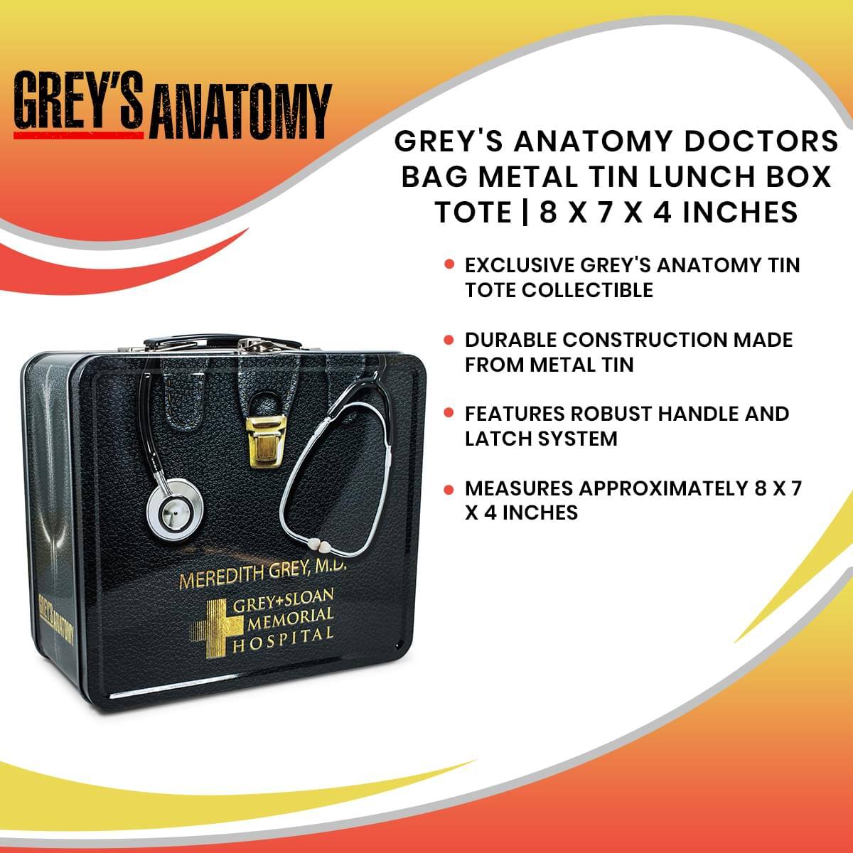 **Grey's Anatomy**

**Grey's Anatomy Doctors Bag Metal Tin Lunch Box Tote | 8 x 7 x 4 Inches**

- Exclusive Grey's Anatomy Tin Tote Collectible
- Durable construction made from metal tin
- Features robust handle and latch system
- Measures approximately 8 x 7 x 4 inches

**Meredith Grey, M.D.**  
**Grey Sloan Memorial Hospital**
