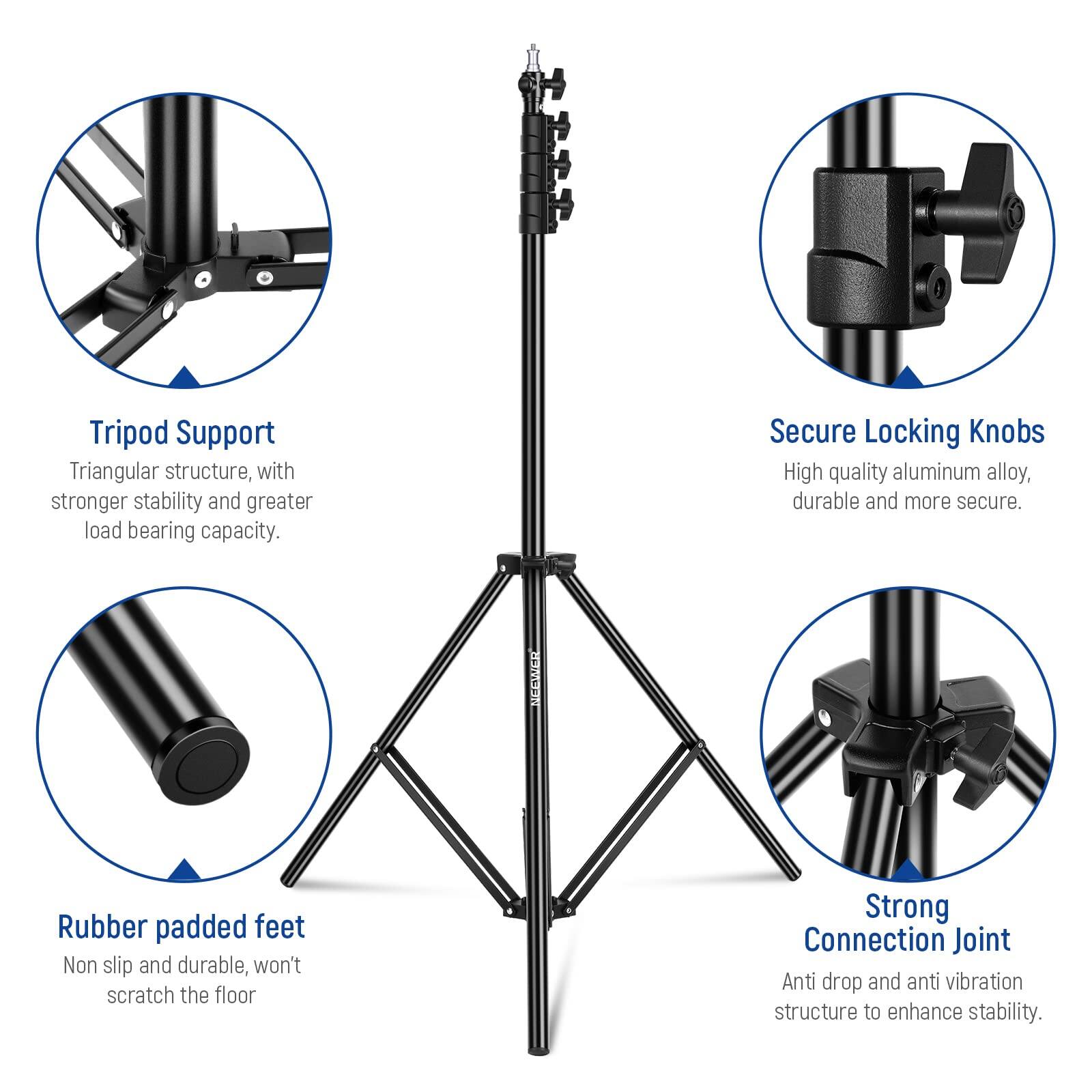 Tripod Support  
Triangular structure, with stronger stability and greater load bearing capacity.  

Secure Locking Knobs  
High quality aluminum alloy, durable and more secure.  

Rubber padded feet  
Non slip and durable, won't scratch the floor  

Strong Connection Joint  
Anti drop and anti vibration structure to enhance stability.