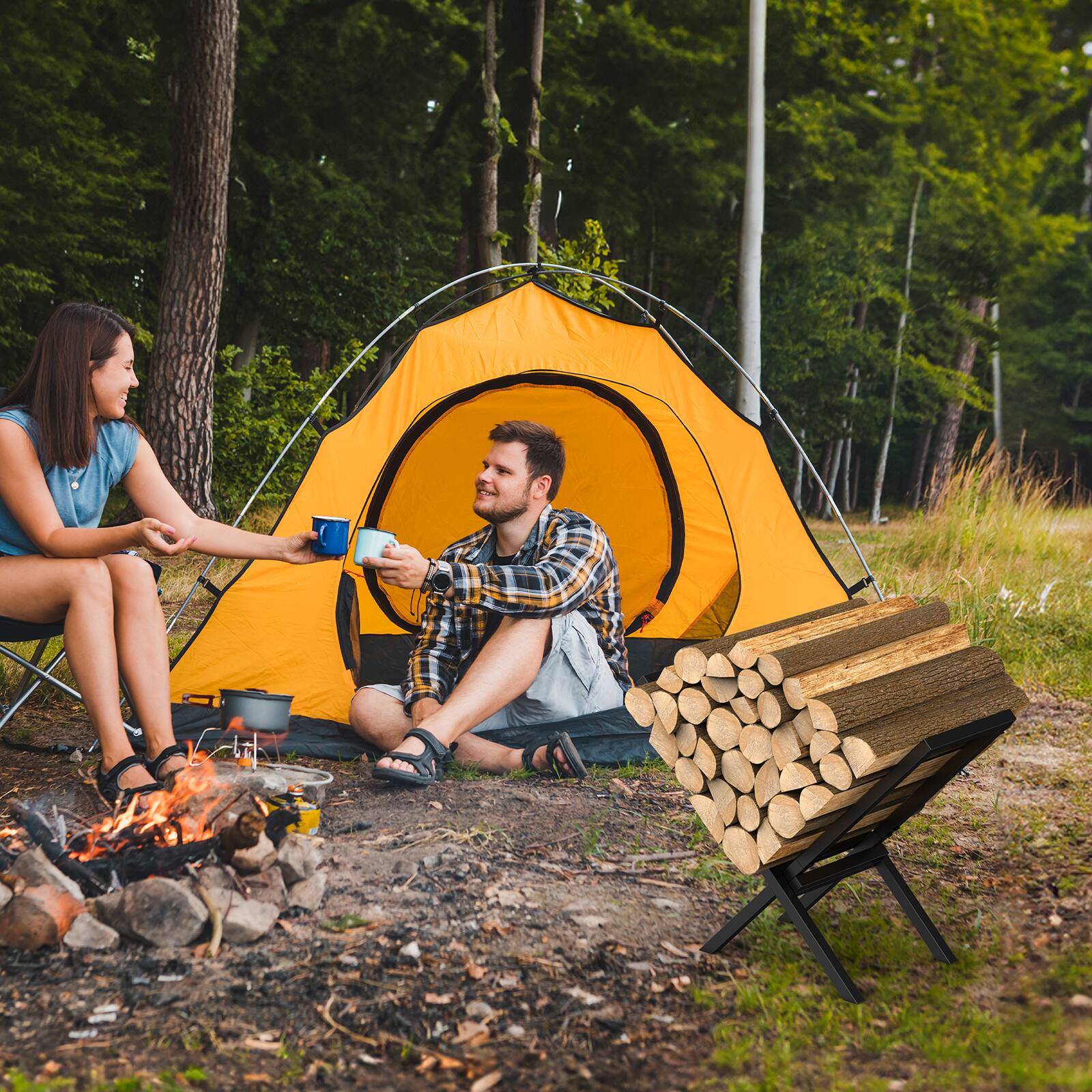 Alt View 1. Oumilen - Small X-Shaped Firewood Rack, Heavy Duty Metal Log Holder with Anti-Rust Coating for Indoor and Outdoor Use - Black.
