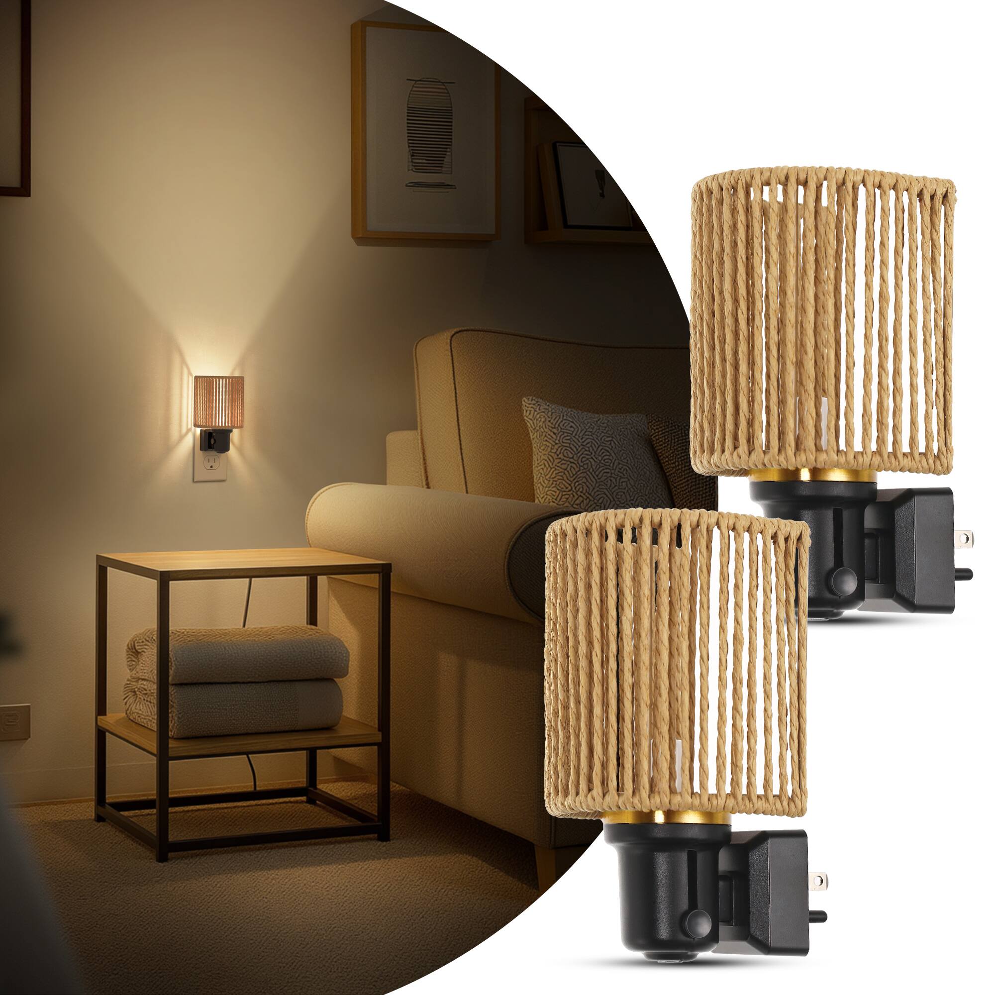 Angle. Jandcase - JANDCASE 2-Pack 1W  Plug-in Night Light, 3000K Warm Glow, Boho Rope Shade with Gold Ring, Slide Dimmer, US 3-Prong Plug - Black and Gold.