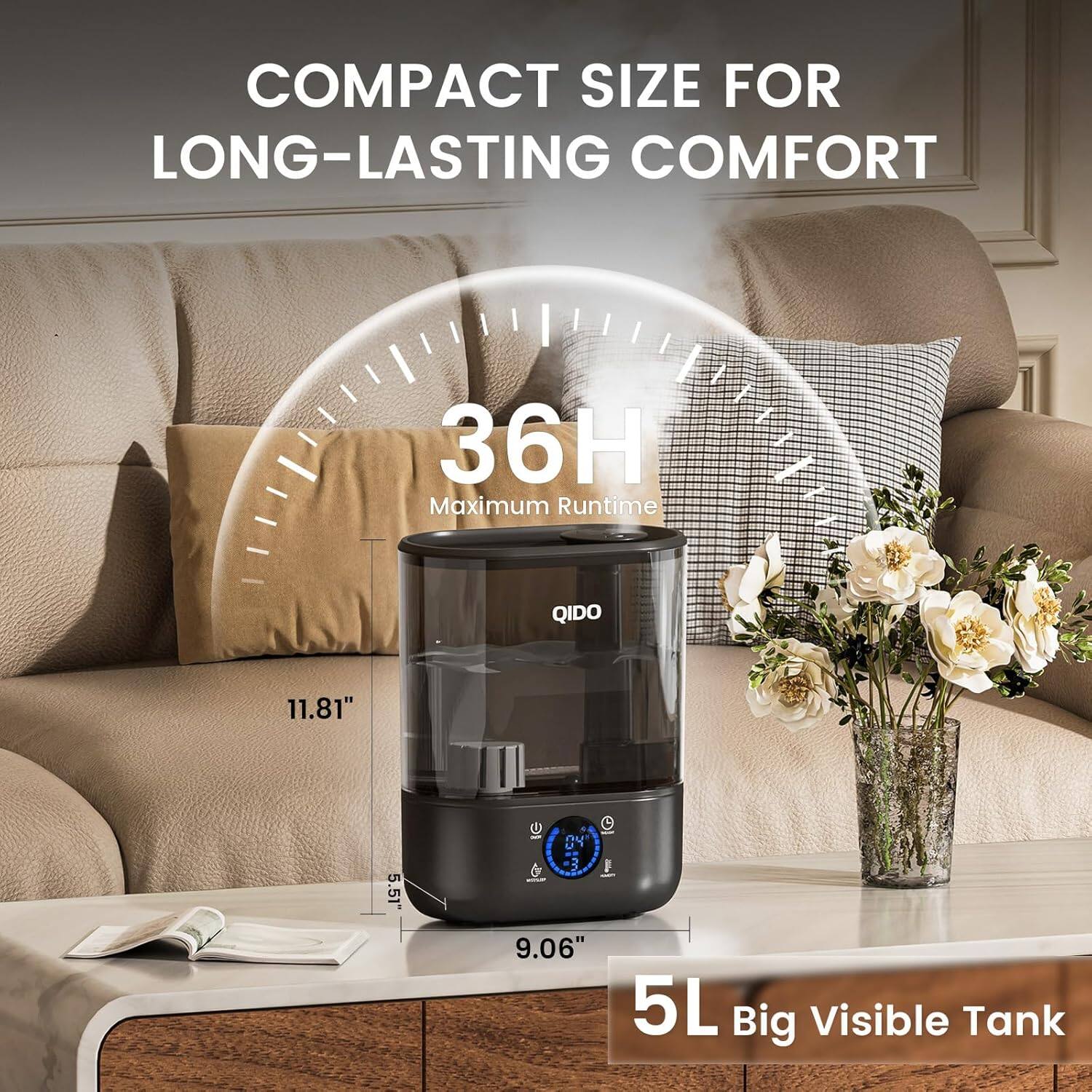 COMPACT SIZE FOR LONG-LASTING COMFORT

36H Maximum Runtime

QIDO

11.81" U 5.51" & F 9.06"

5L Big Visible Tank
