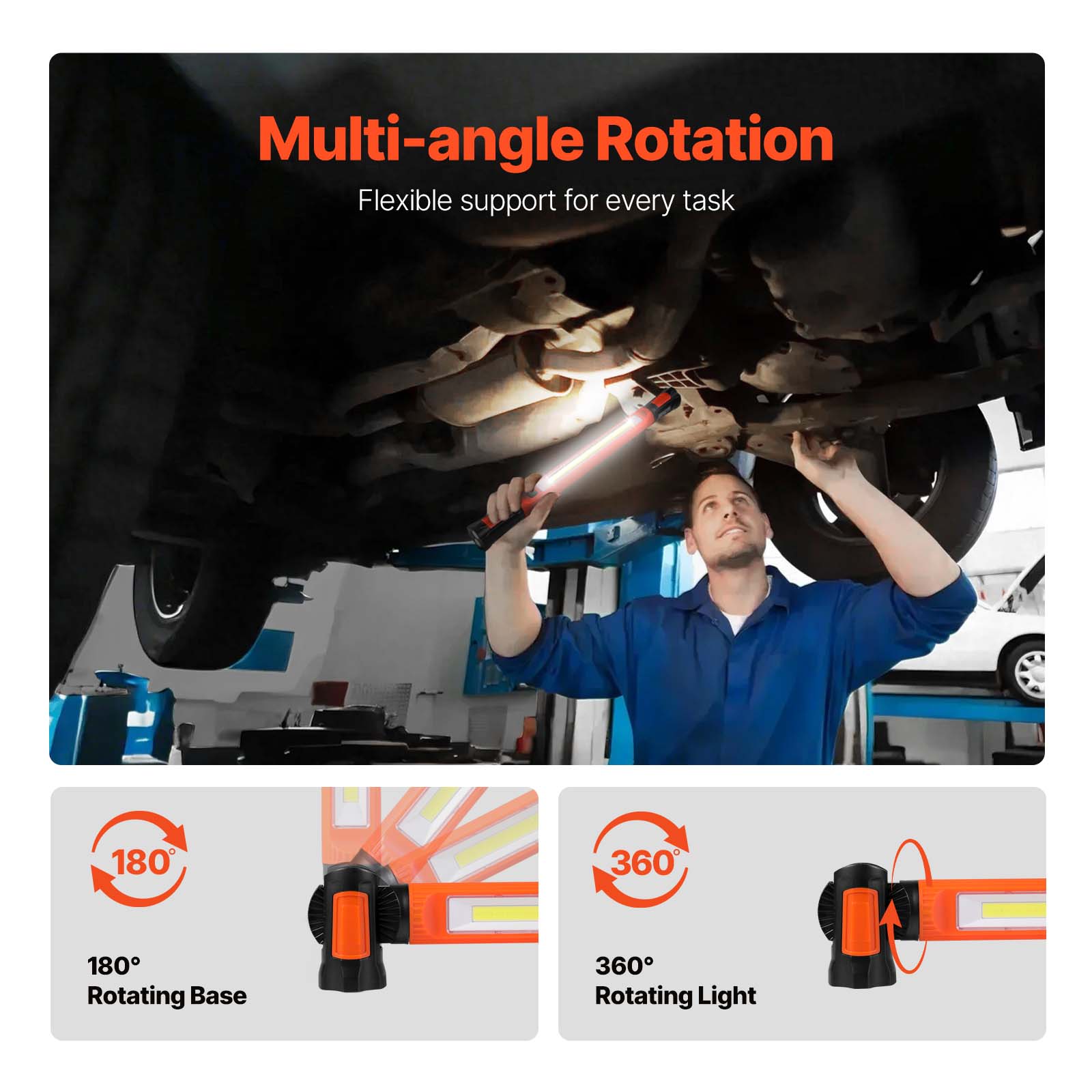 Multi-angle Rotation  
Flexible support for every task  

180° Rotating Base  
360° Rotating Light