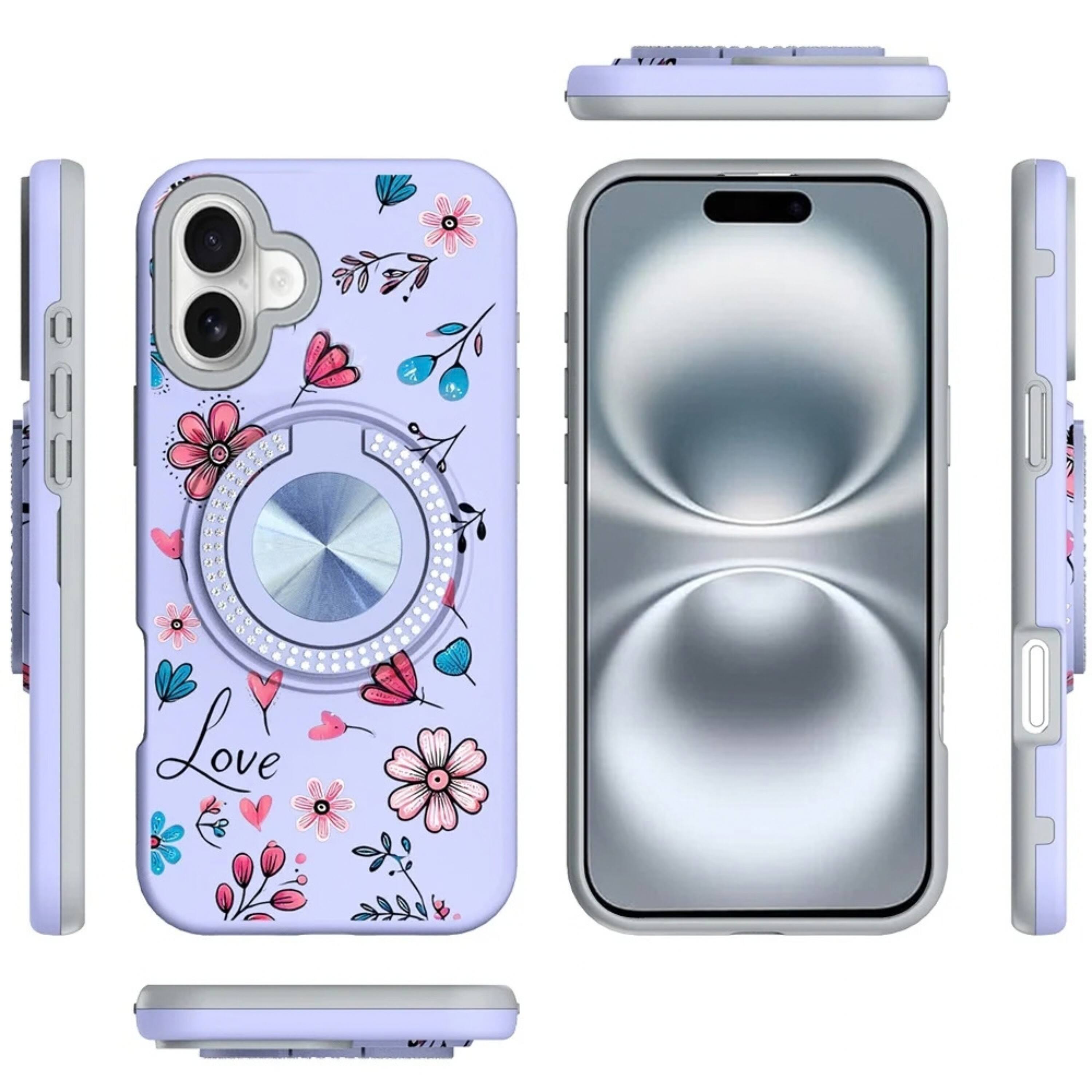 Angle. Kitcheniva - Decorative 360 Rotating Ring Stand Phone Case With Tempered Glass For iPhone 16 6.1 Inch Purple Garden - Purple.