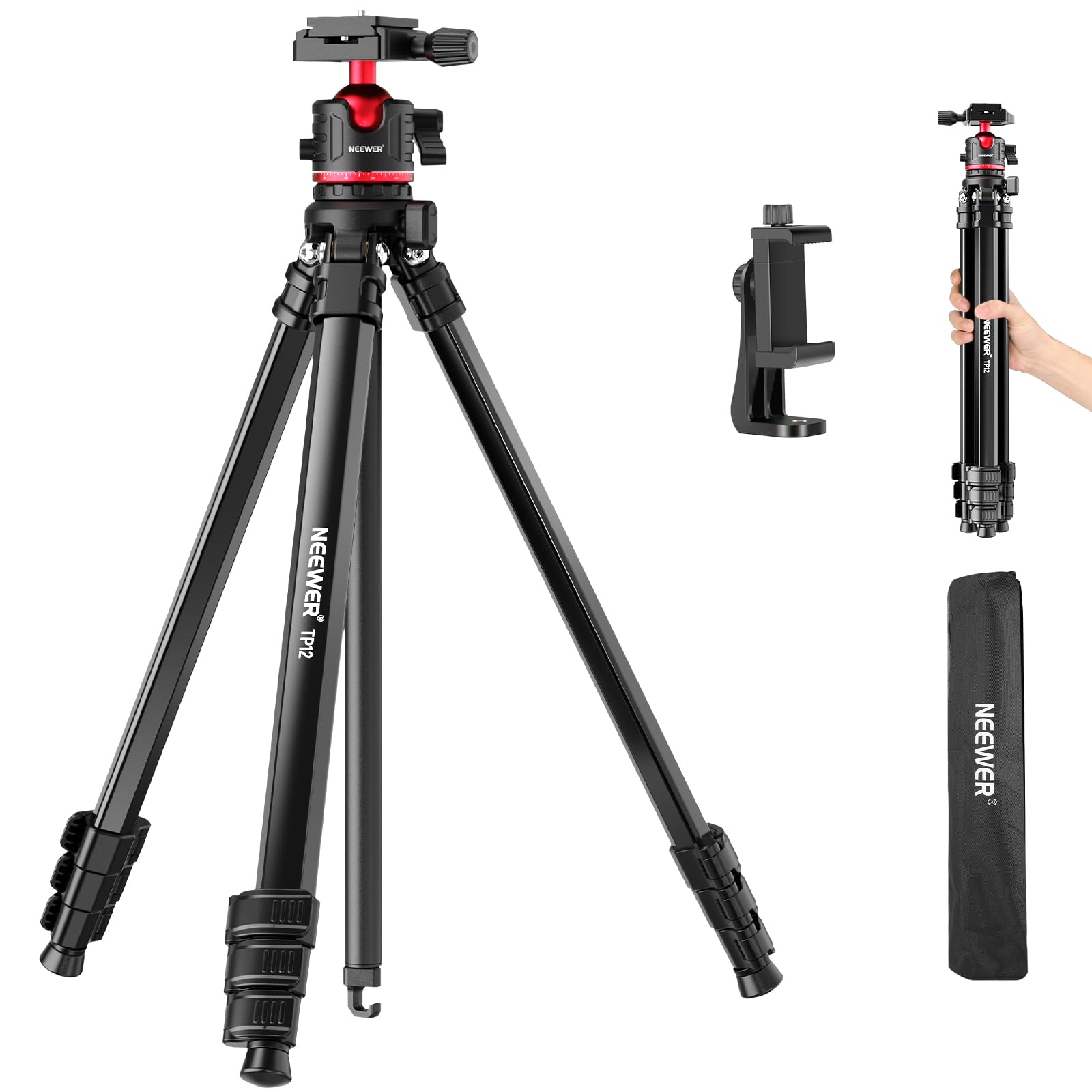 Neewer - 66.5" Lightweight Travel Tripod - with Ball Head & Phone Holder for DSLR & iPhone Video (11lb) - Black