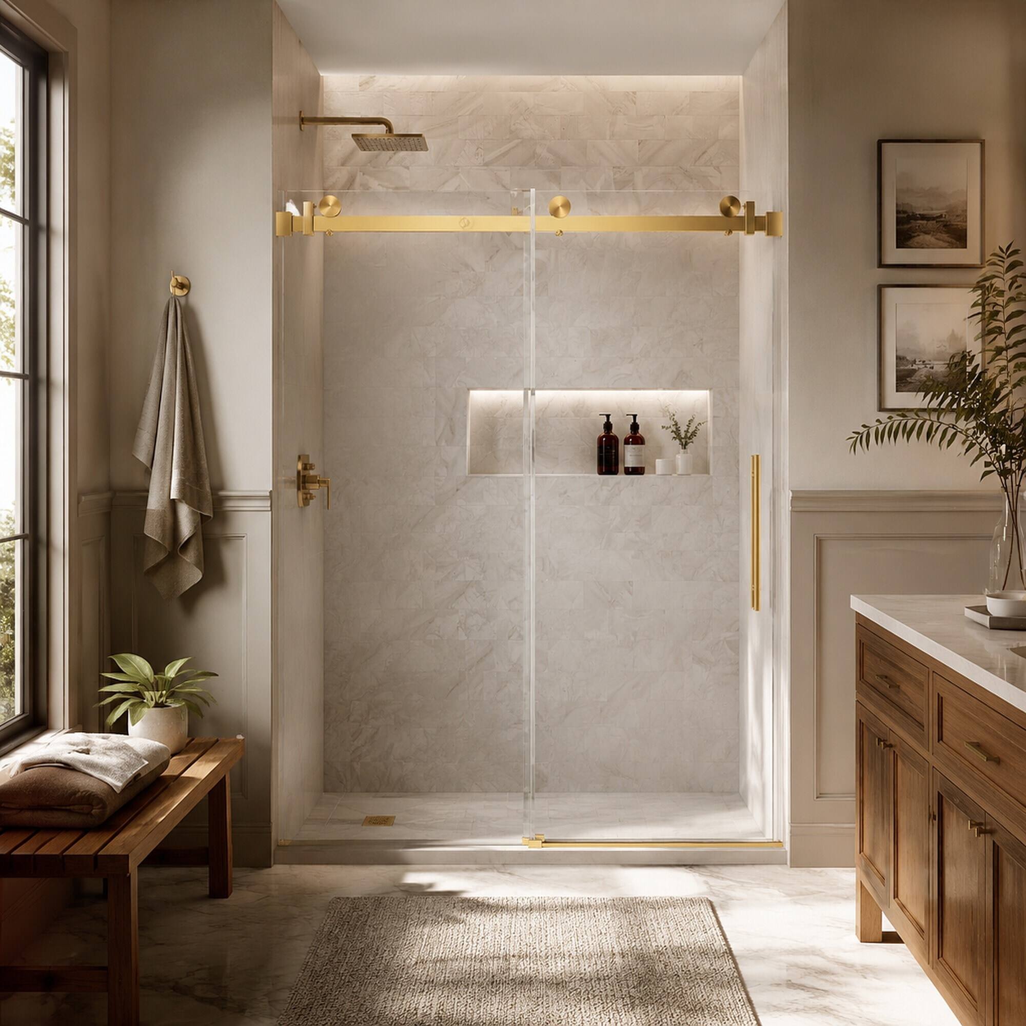 Left. RYHNUYNE - 56-60 In W X 76 In H Frameless Single Sliding Shower Door, 1/4 In Clear Tempered Glass With Handle Brushed Gold Finish - Brushed Gold.