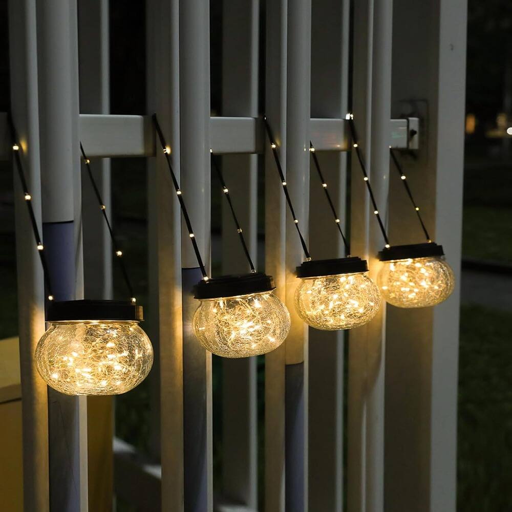 Angle. MOSZAR LLC - Outdoor Waterproof 6-Pack Solar Lanterns and Solar-Powered Hanging Globes - Black Cap Warm White Light.