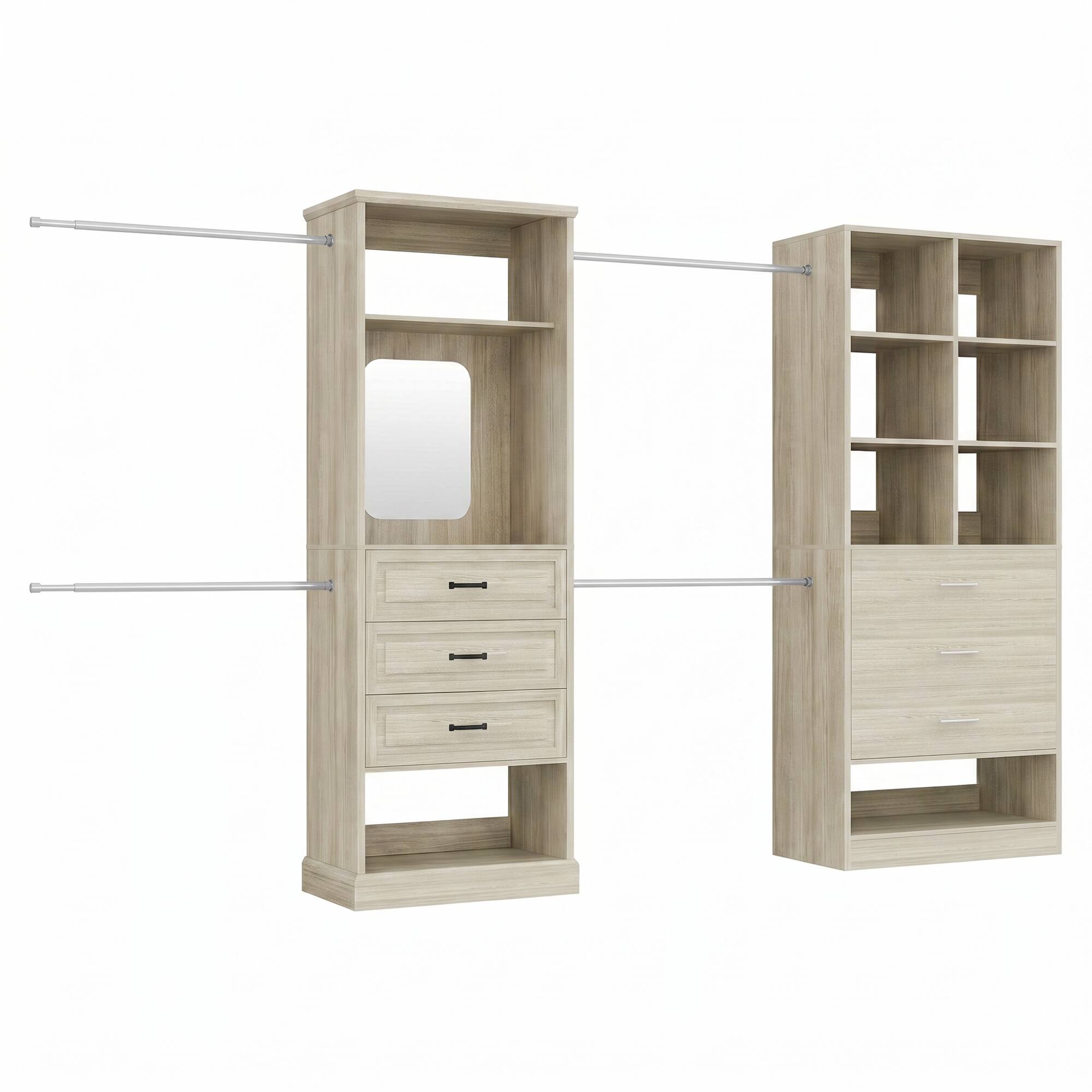 Angle. Aheaplus - 56'' - 120'' Wide Adjustable Closet System with Corner, Closet Storage System with 3 Drawers and 6 Hanging Rods - Beige Oak.