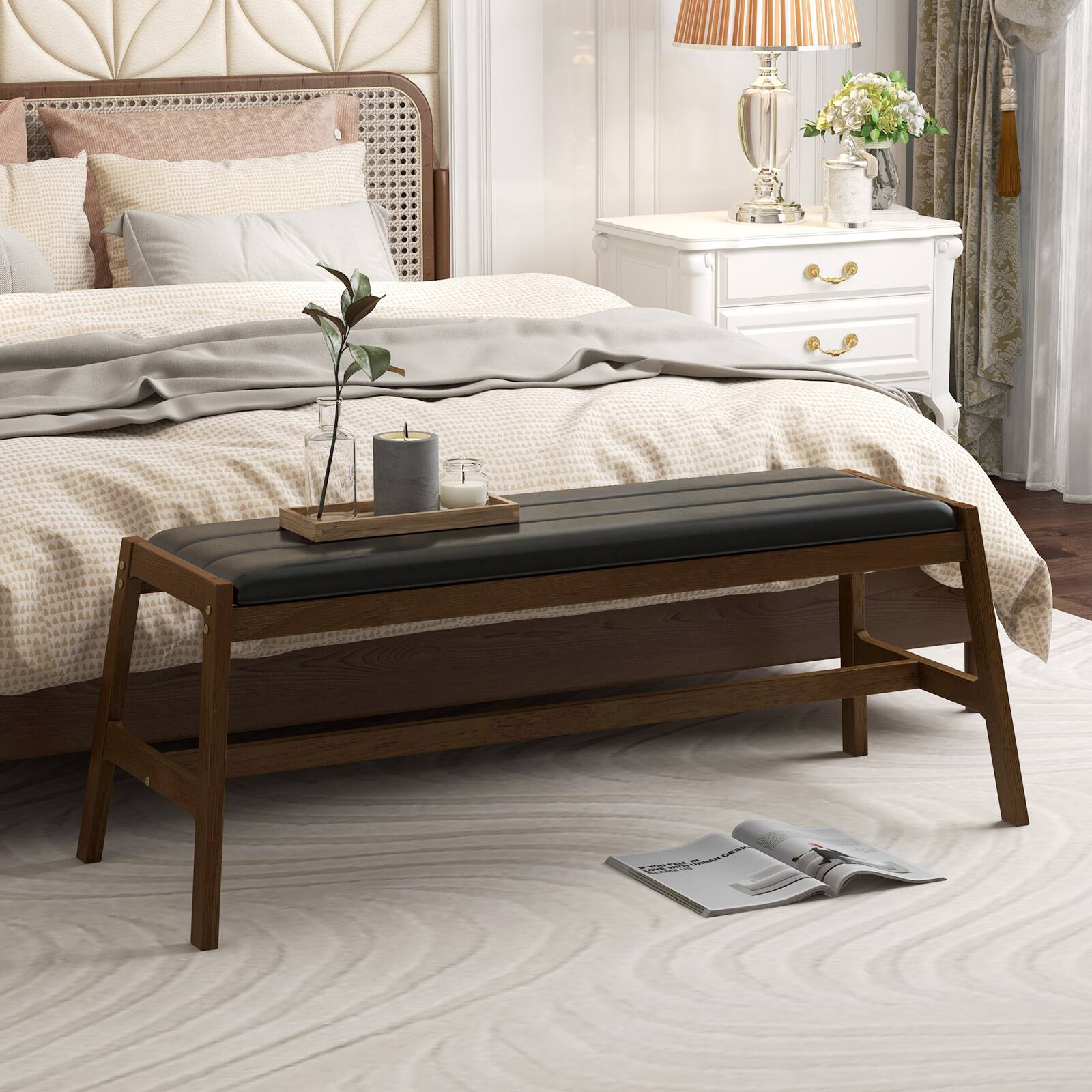 Alt View 8. Ecooso - 50 Inch Long Solid Wood Dining Bench Upholstered Table Bench with Faux Leather Padded Seat - Walnut.