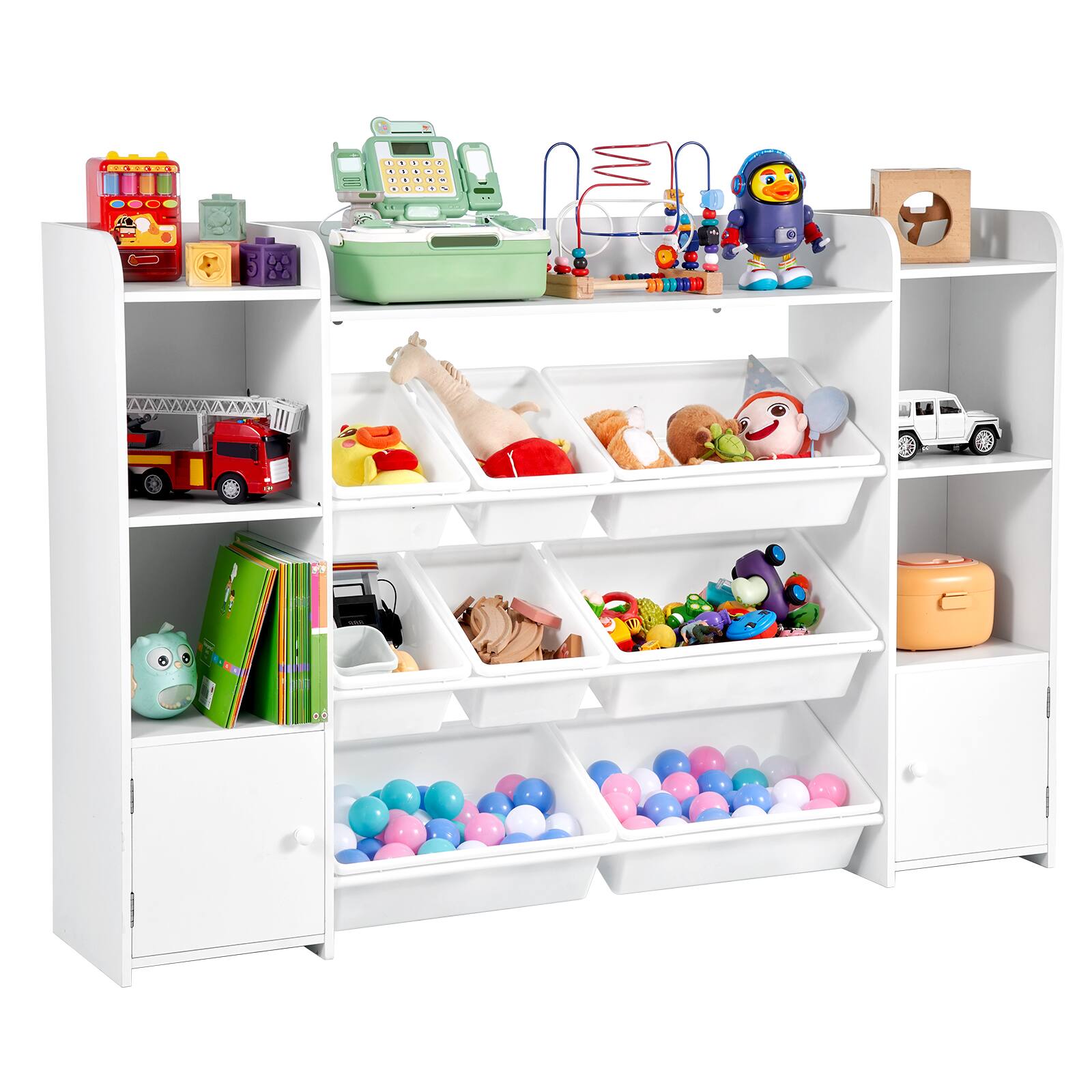 VEVOR - Kids Toy Storage and Bookshelf, 4-Tier Large Toy Storage Organizer with 8 Flexible Plastic Bins, Kids Cubby Cabinet - White