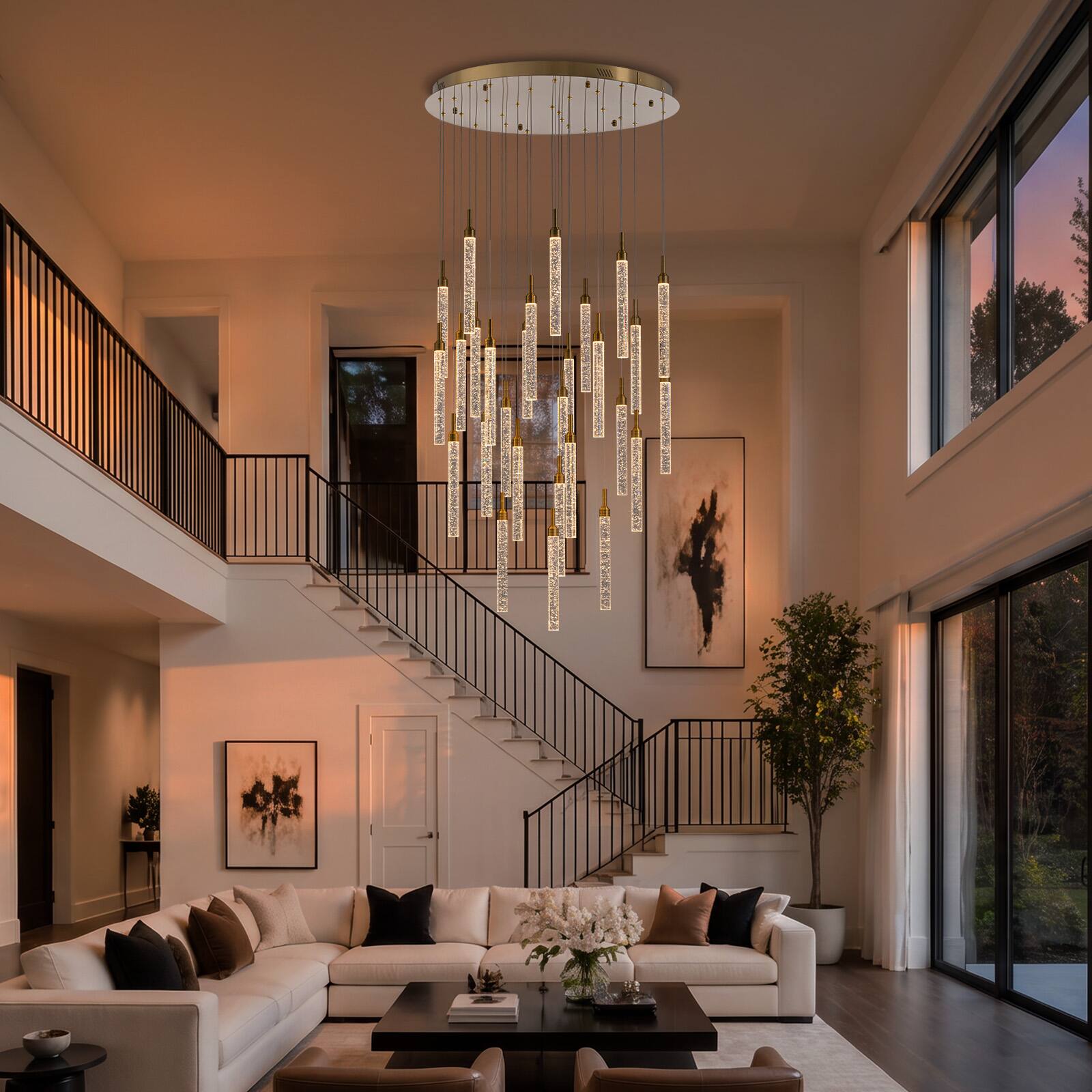 Left. Siljoy - 31.5-In Gold Bubble Glass Chandelier 28‑Light Adjustable Staircase Pendant Light for High Ceilings Foyer Living Room - Gold.