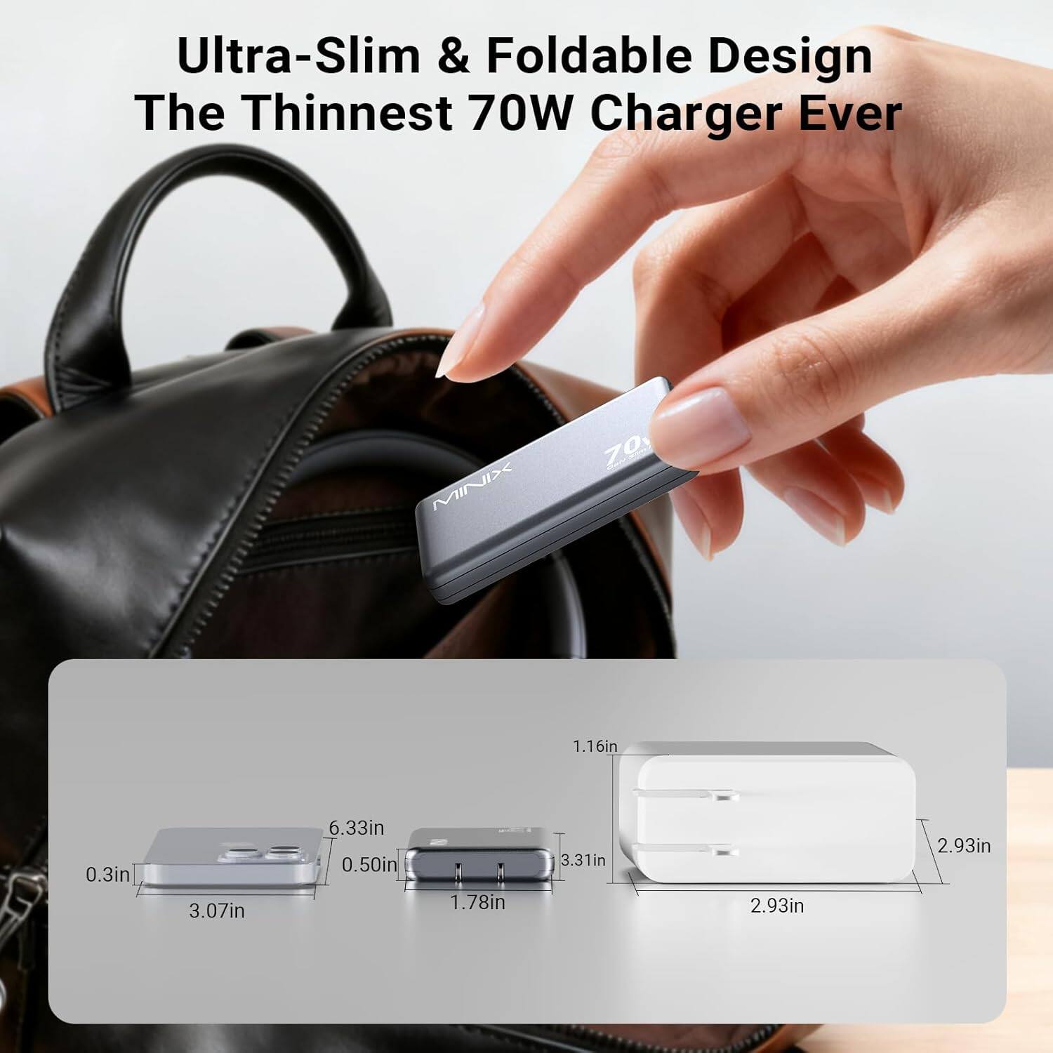 Ultra-Slim & Foldable Design  
The Thinnest 70W Charger Ever  

MINX 70  

1.16in  
0.3in  
3.07in  
6.33in  
0.50in  
1.78in  
3.31in  
2.93in  
2.93in