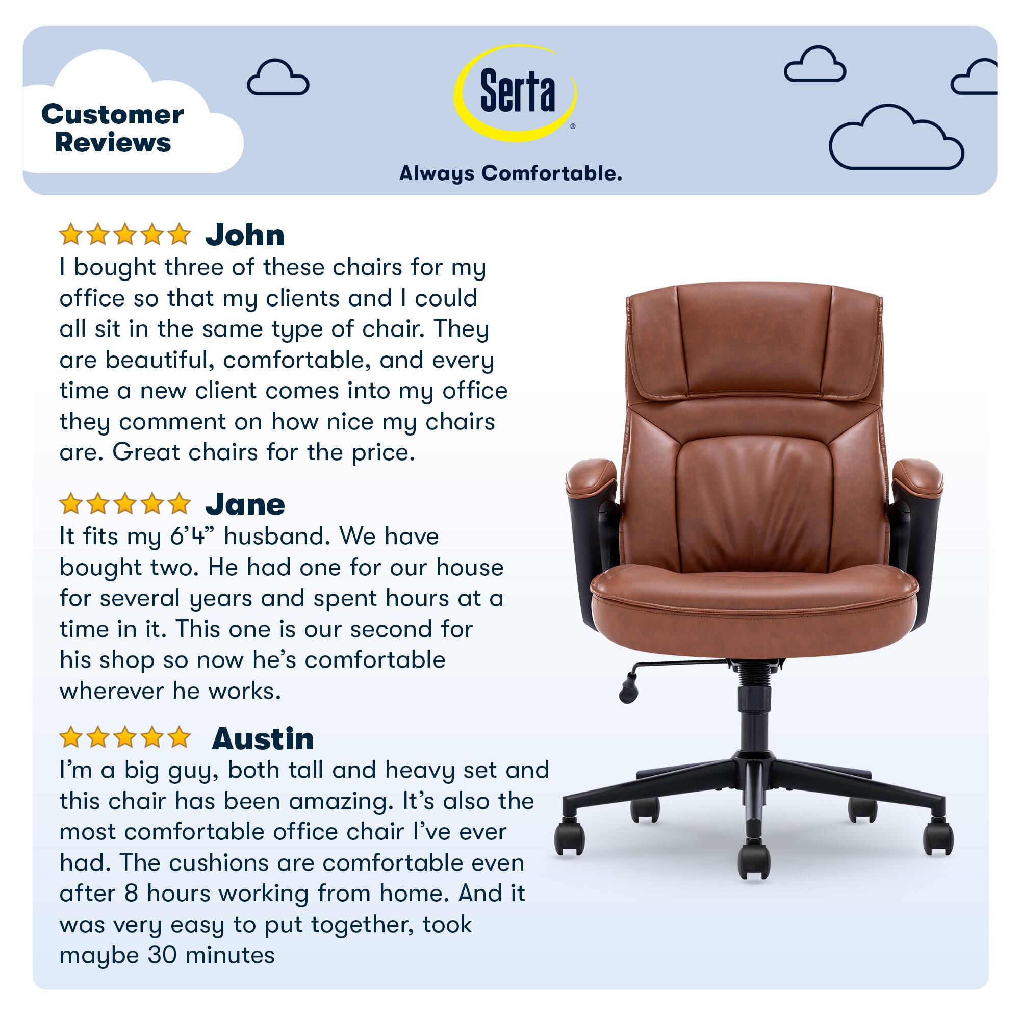 Customer Reviews Serta Always Comfortable.

John | bought three of these chairs for my office so that my clients and I could all sit in the same type of chair. They are beautiful, comfortable, and every time a new client comes into my office they comment on how nice my chairs are. Great chairs for the price.

Jane It fits my 6'4" husband. We have bought two. H had one for our house for several years and spent hours at a time in it. This one is our second for his shop so now he's comfortable wherever he works.

Austin I'm a big guy, both tall and heavy set and this chair has been amazing. It's also the most comfortable office chair I've ever had. The cushions are comfortable even after 8 hours working from home. And it was very easy to put together, took maybe 30 minutes.