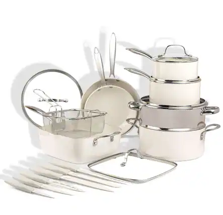 Front. Gotham Steel - Gotham Steel Cream 20 Piece Cookware Set and Nutriblade Knife Set - Cream.