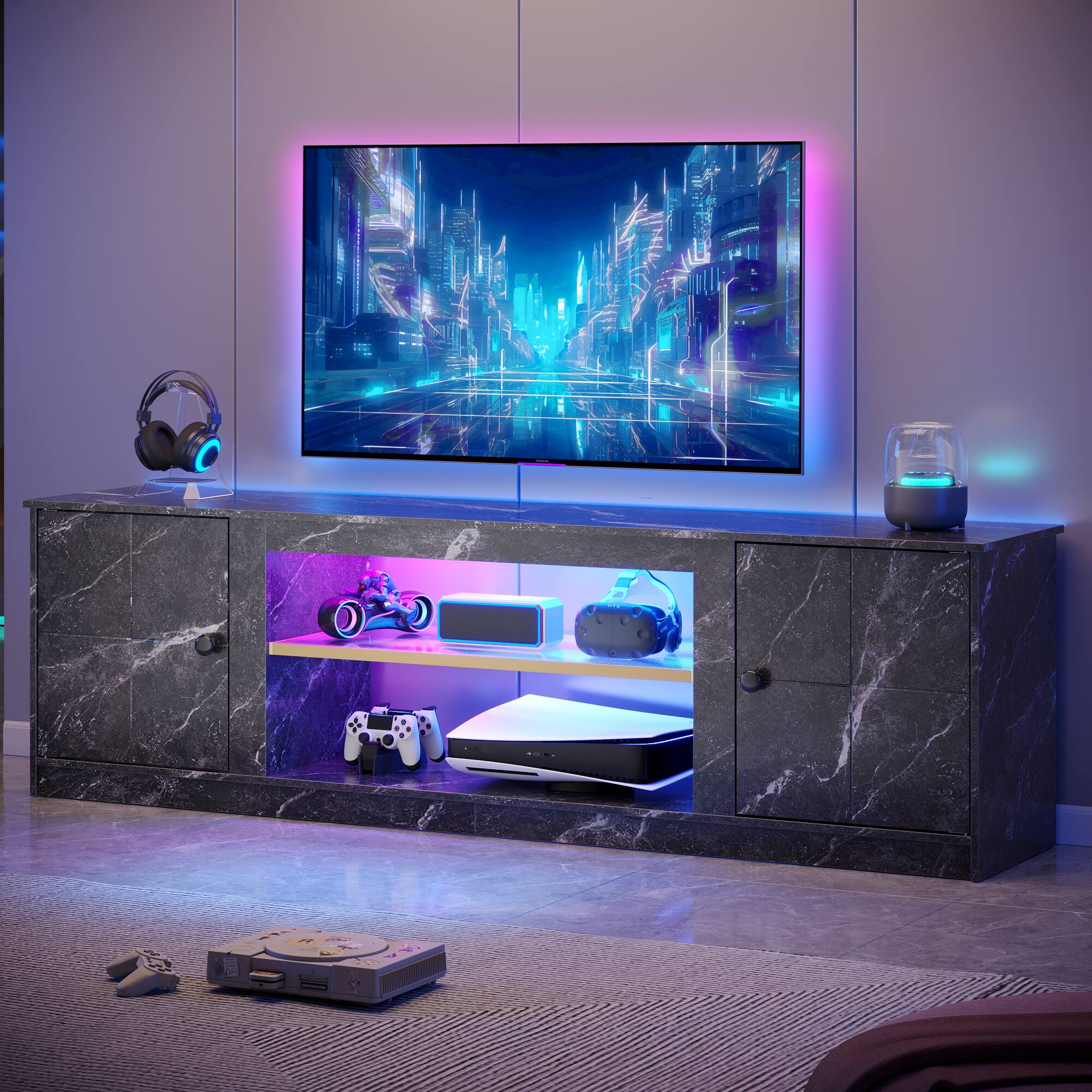Angle. Pinmoco - Pinmoco - 63 inch LED Gaming TV Stand for up to 70 inches TVs with Storage Cabinet and Adjustable Shelf - Black Marble.