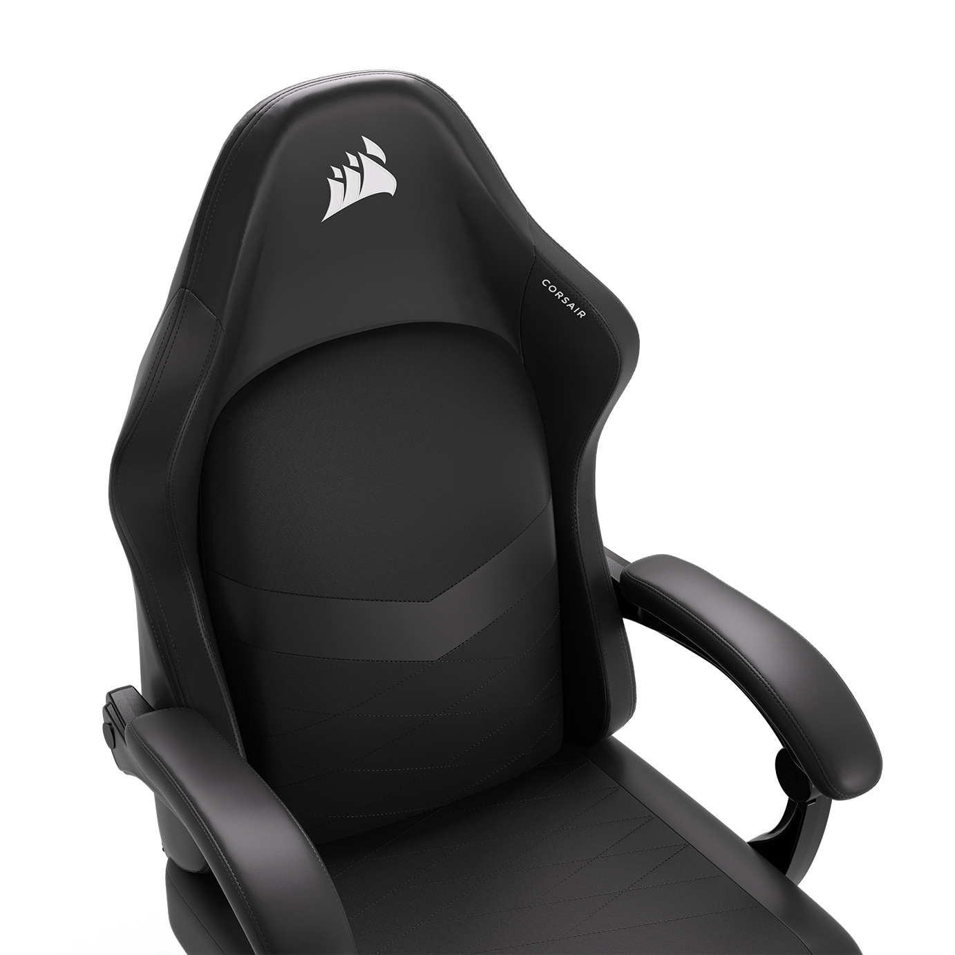 Angle. CORSAIR - TC80 Fabric & Leatherette Gaming Chair – Comfortable wide seat, Detachable neck pillow, with Steel 5-star base - Blck.