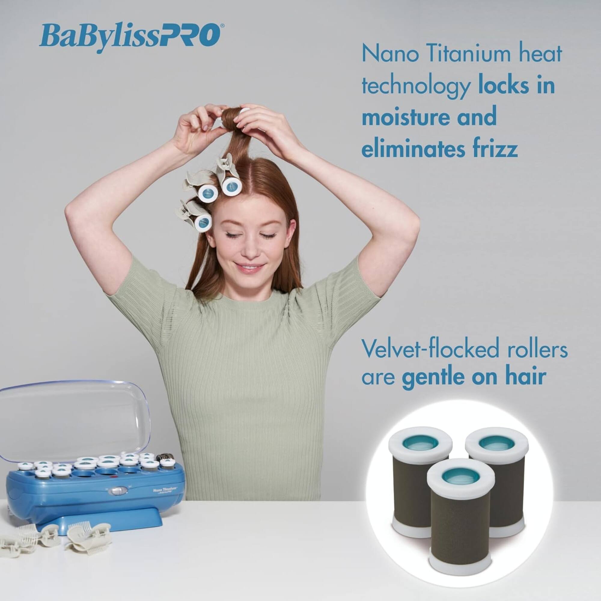 BaBylissPRO Nano Titanium heat technology locks in moisture and eliminates frizz. Velvet-flocked rollers are gentle on hair.