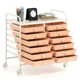 WELLFOR - 12 Drawer Art & Craft Rolling Storage Cart Tools Scrapbook Paper Office School Organizer with Sturdy Frame - Peach