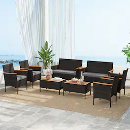 Gymax - 8 PCS Patio Wicker Sofa Set w/ Coffee Table Acacia Wood Armrests & Tabletop Mix Brown - Gray