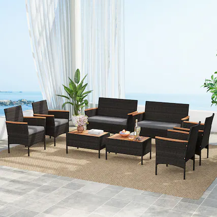 Front. Gymax - Gymax 8 PCS Patio Wicker Sofa Set w/ Coffee Table Acacia Wood Armrests & Tabletop Mix Brown & Gray - Gray.
