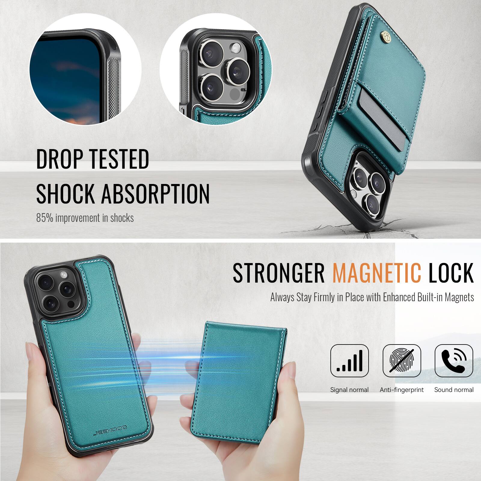 DROP TESTED  
SHOCK ABSORPTION  
85% improvement in shocks  

STRONGER MAGNETIC LOCK  
Always Stay Firmly in Place with Enhanced Built-in Magnets  

Signal normal  
Anti-fingerprint  
Sound normal