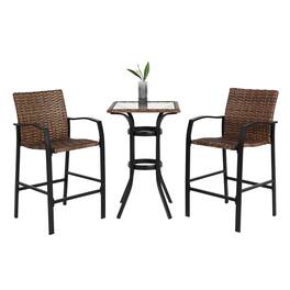 Ecooso - 3-Piece Outdoor Rattan Bar Stool Set with Glass Top Table - Brown