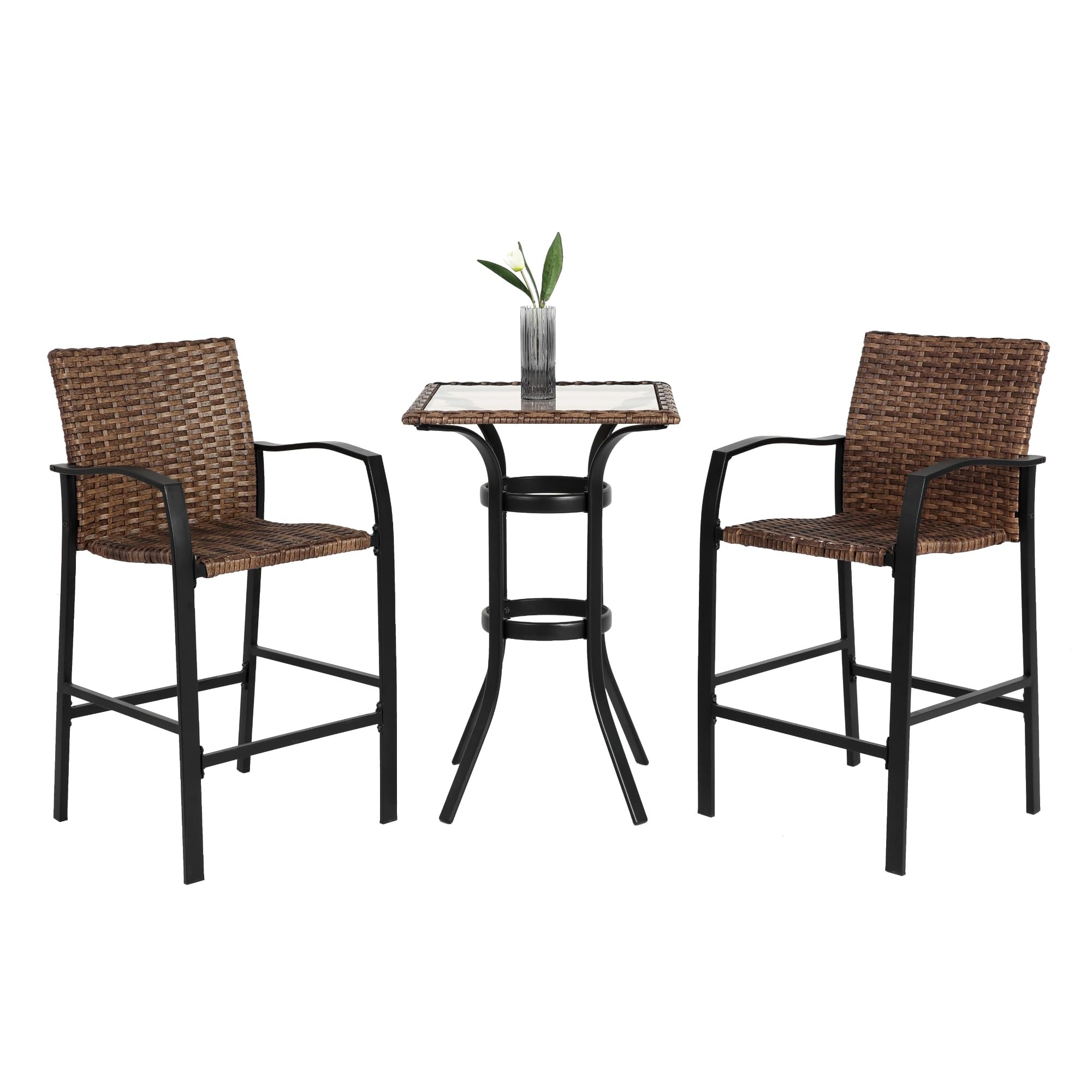 Front. Ecooso - 3-Piece Outdoor Rattan Bar Stool Set with Glass Top Table - Brown.
