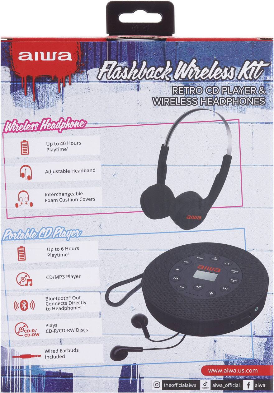 alwa Flashback Wireless Kit RETRO CD PLAYER & WIRELESS HEADPHONES Wireless Headphones Up to 40 Hours Playtime Adjustable Headband Interchangeable Foam Cushion Covers Portable CD Player CD Player Up to 6 Hours Playtime CD/MP3 Player 144 alwa PUm mE awwa Bluetooth Out Connects Directly to Headphones 114 + 1 Plays CD-R/ CD-R/CD-RW Discs CD-RW Wired Earbuds Included www.aiwa.us.com theofficialaiwa f Tiktok aiwa