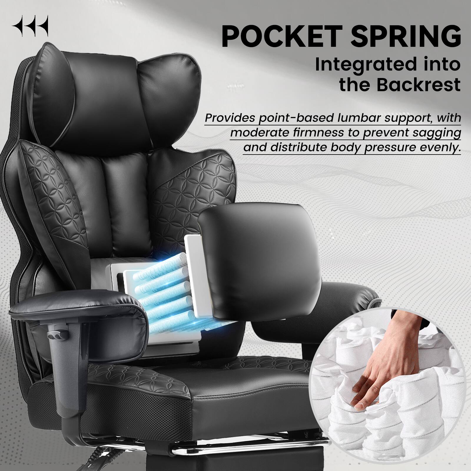 POCKET SPRING  
Integrated into the Backrest  

Provides point-based lumbar support, with moderate firmness to prevent sagging and distribute body pressure evenly.