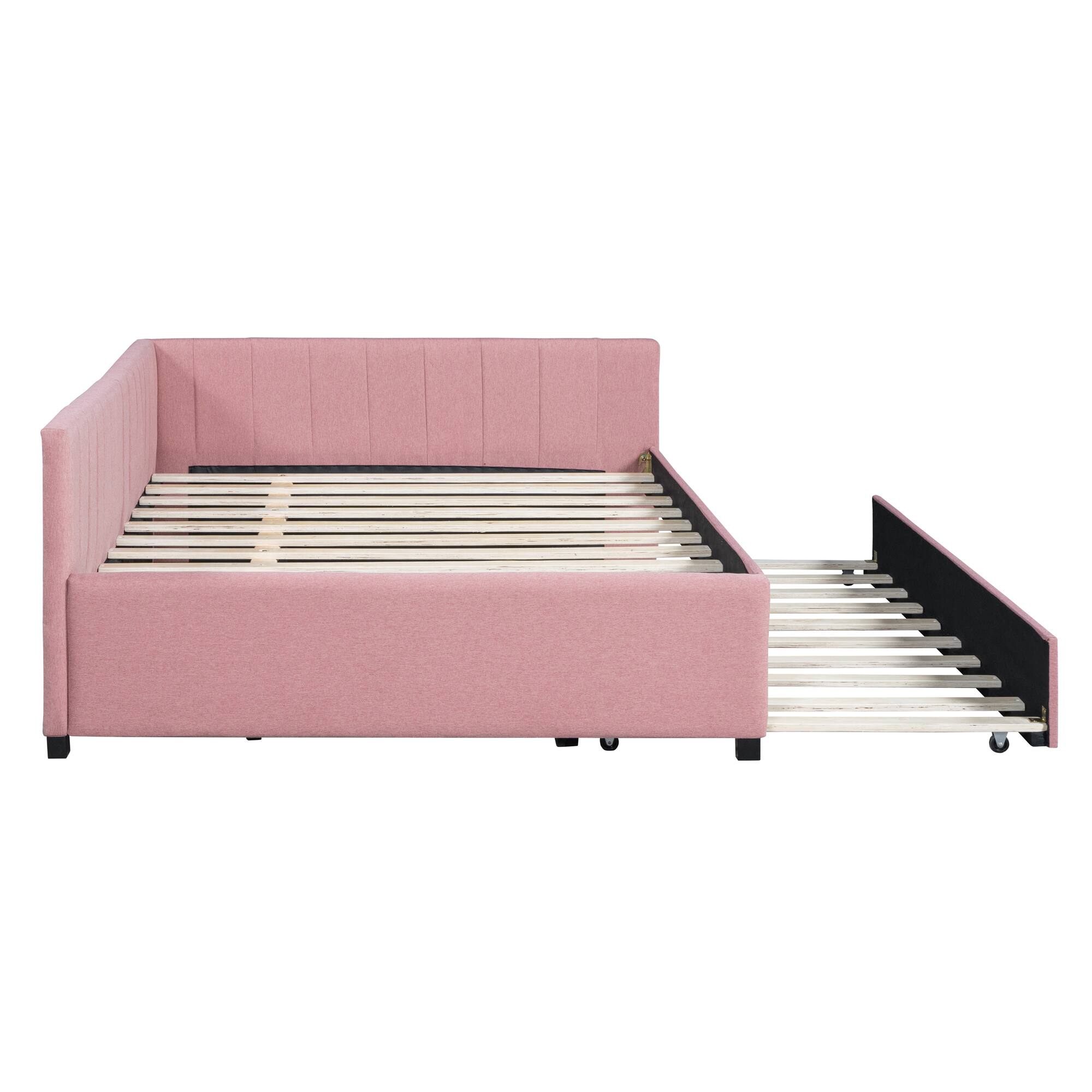 Alt View 1. Tiramisubest - Full Size Upholstered Daybed with Trundle Sofa Bed Frame No Box Spring Needed, Linen Fabric(Pink) - Pink.
