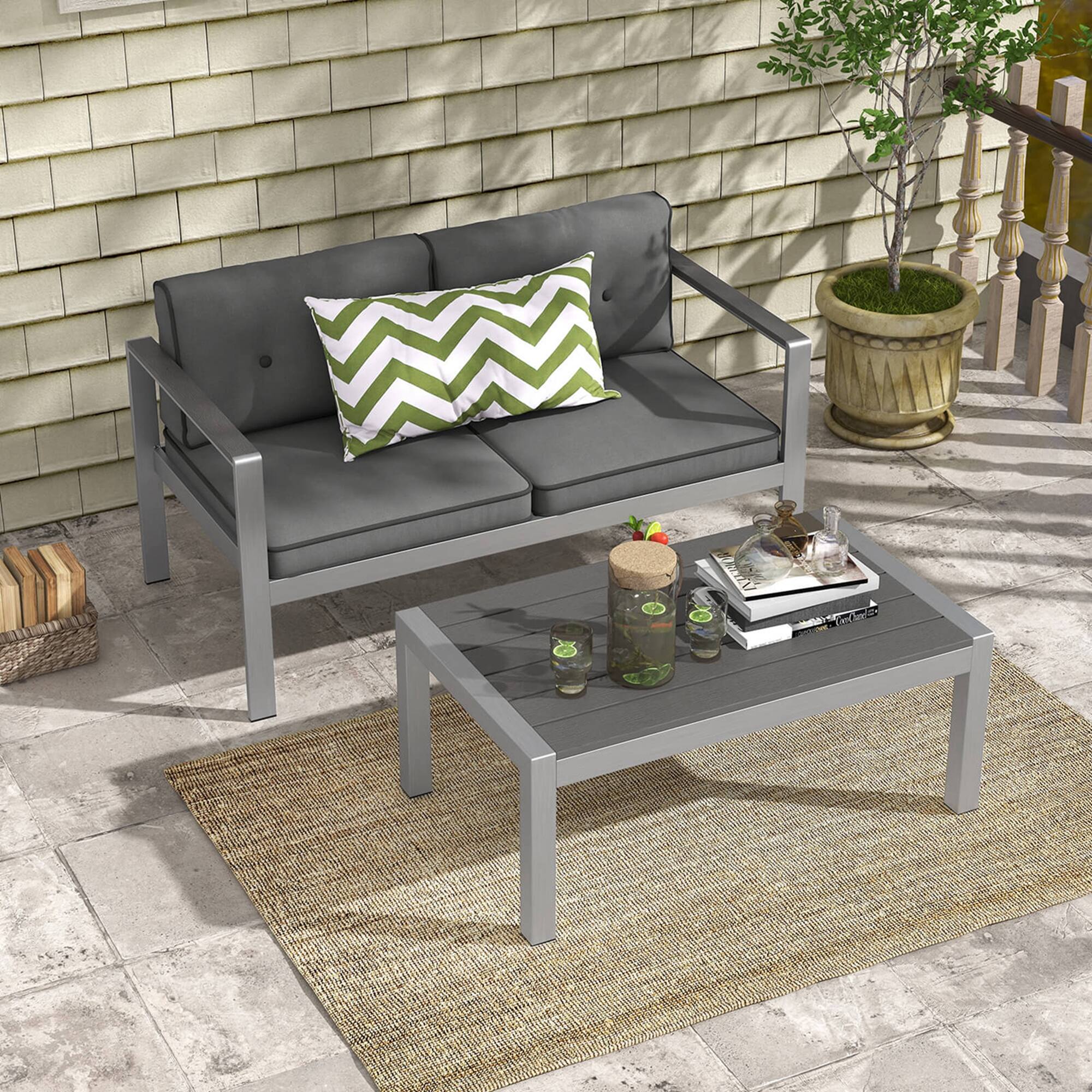 Alt View 3. Costway - Costway Patio Aluminum Loveseat Sofa Outdoor Chair with WPC Armrests & Cushions Backyard - Gray/Silver.