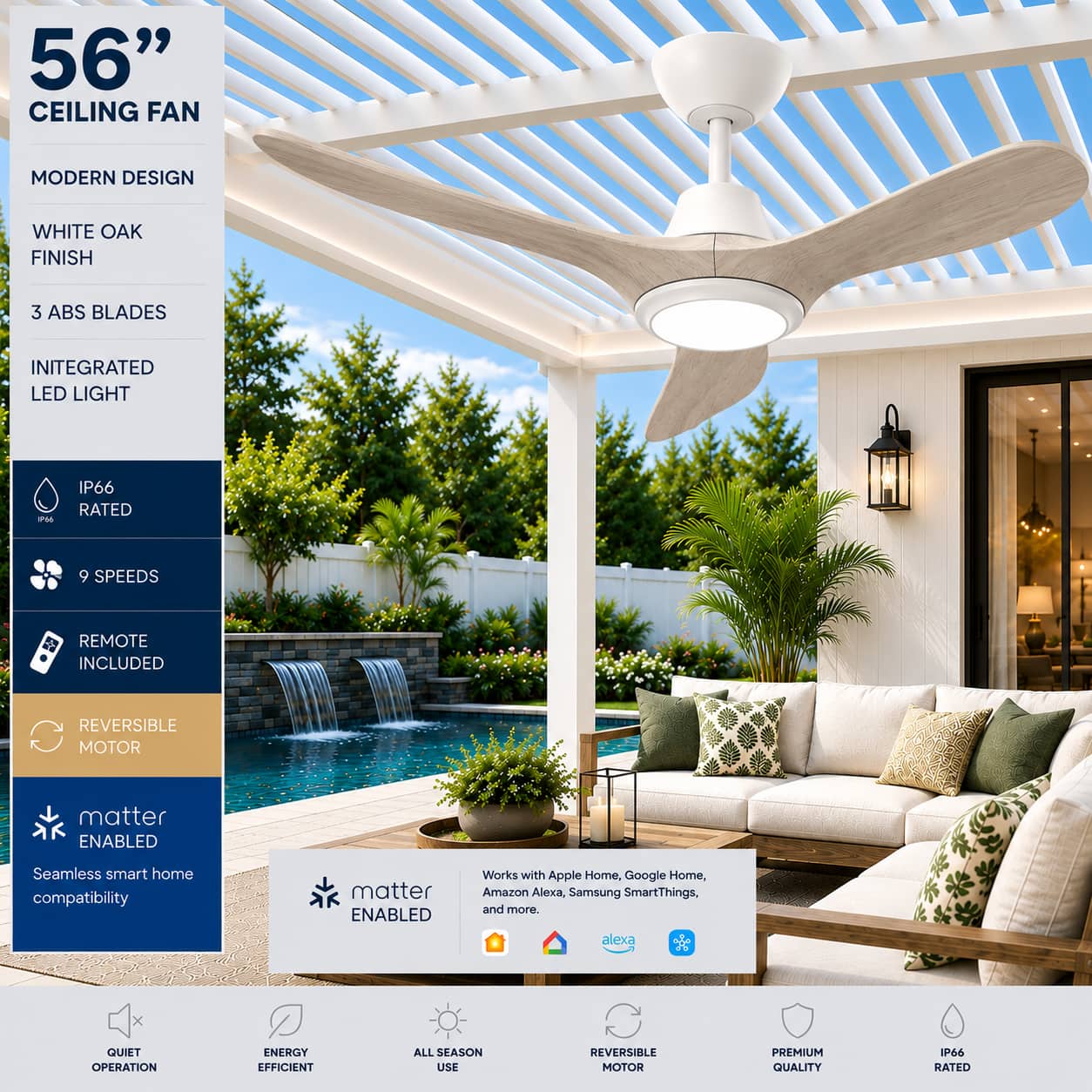 "ENLIGHT - 56"" Smart Ceiling Fan, IP66 Outdoor/Coastal, CCT & Dimmable LED, Durable, Efficient, Quiet DC Motor, Matter, 3 Blades - White Oak Woodgrain" price history on PriceWatchPro