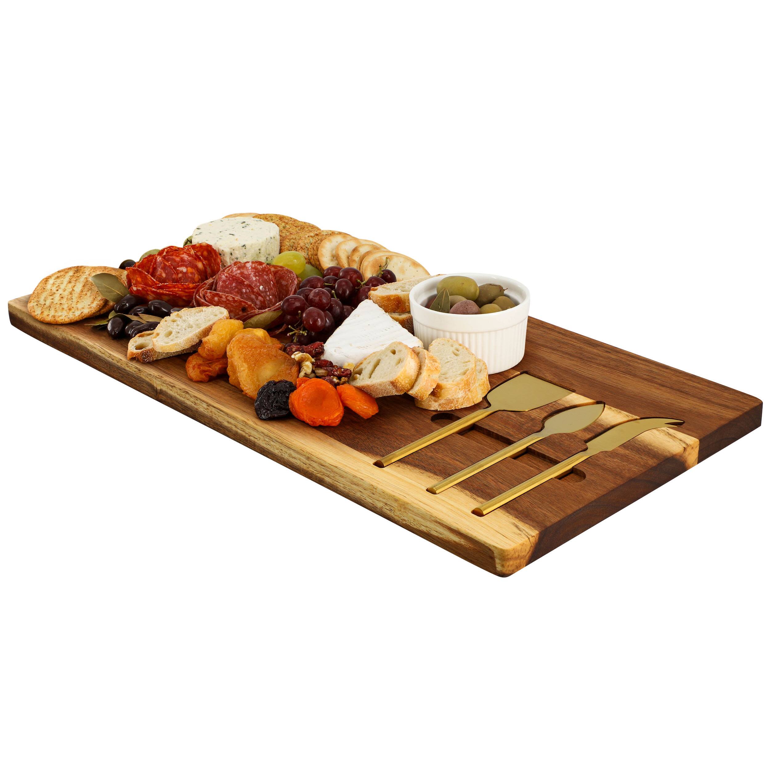 Front. MegaChef - MegaChef 21 x 11 Inch Acacia Wood Cheese Board with 3 Piece Knife Set - Brown.