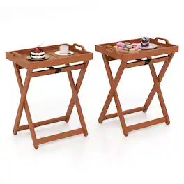 Gymax - 2PCS Outdoor Wood Tray Table w/Removable Serving Tray & Folding Frame for Porch - Natural