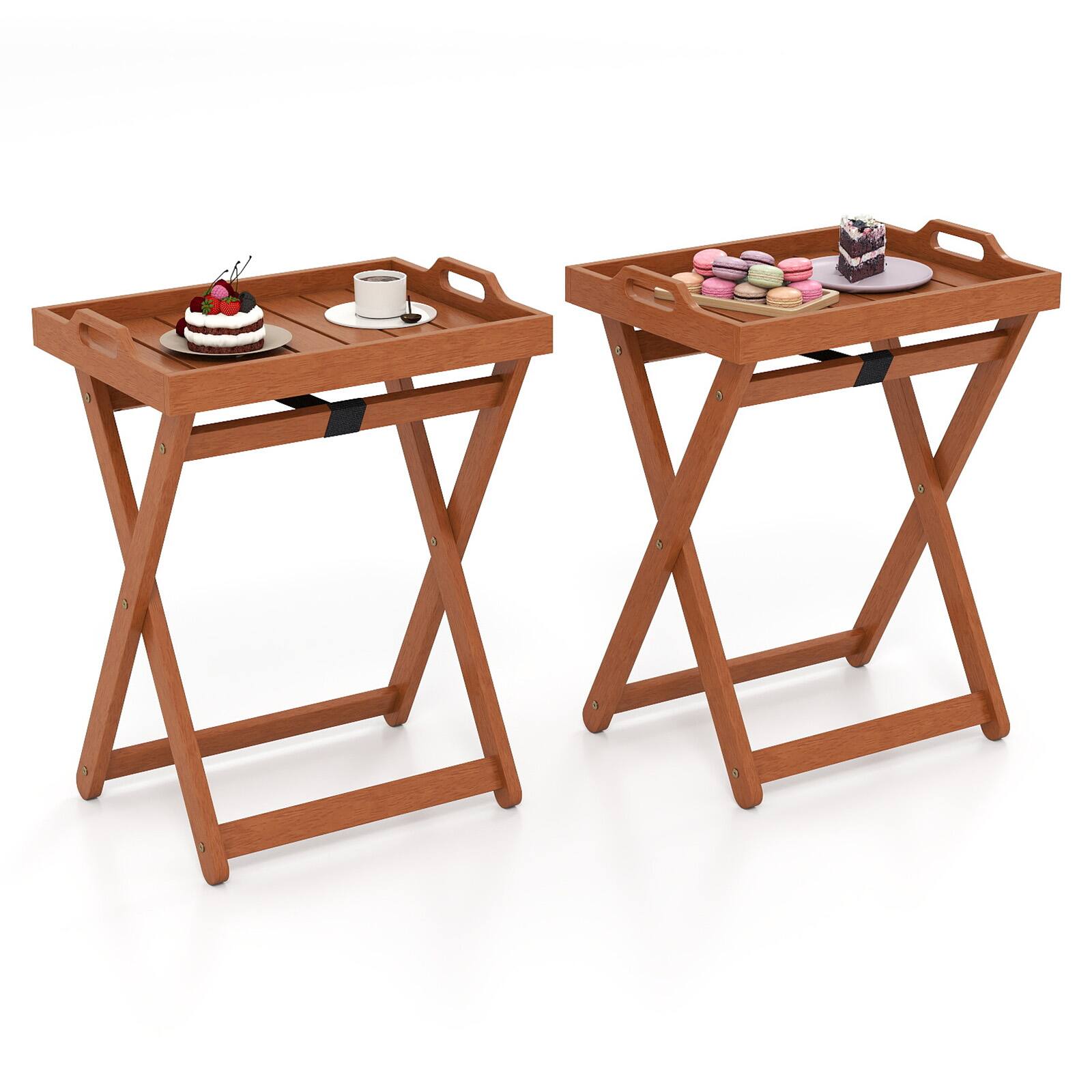 Front. Gymax - Gymax 2PCS Outdoor Wood Tray Table w/Removable Serving Tray & Folding Frame for Porch - Natural.