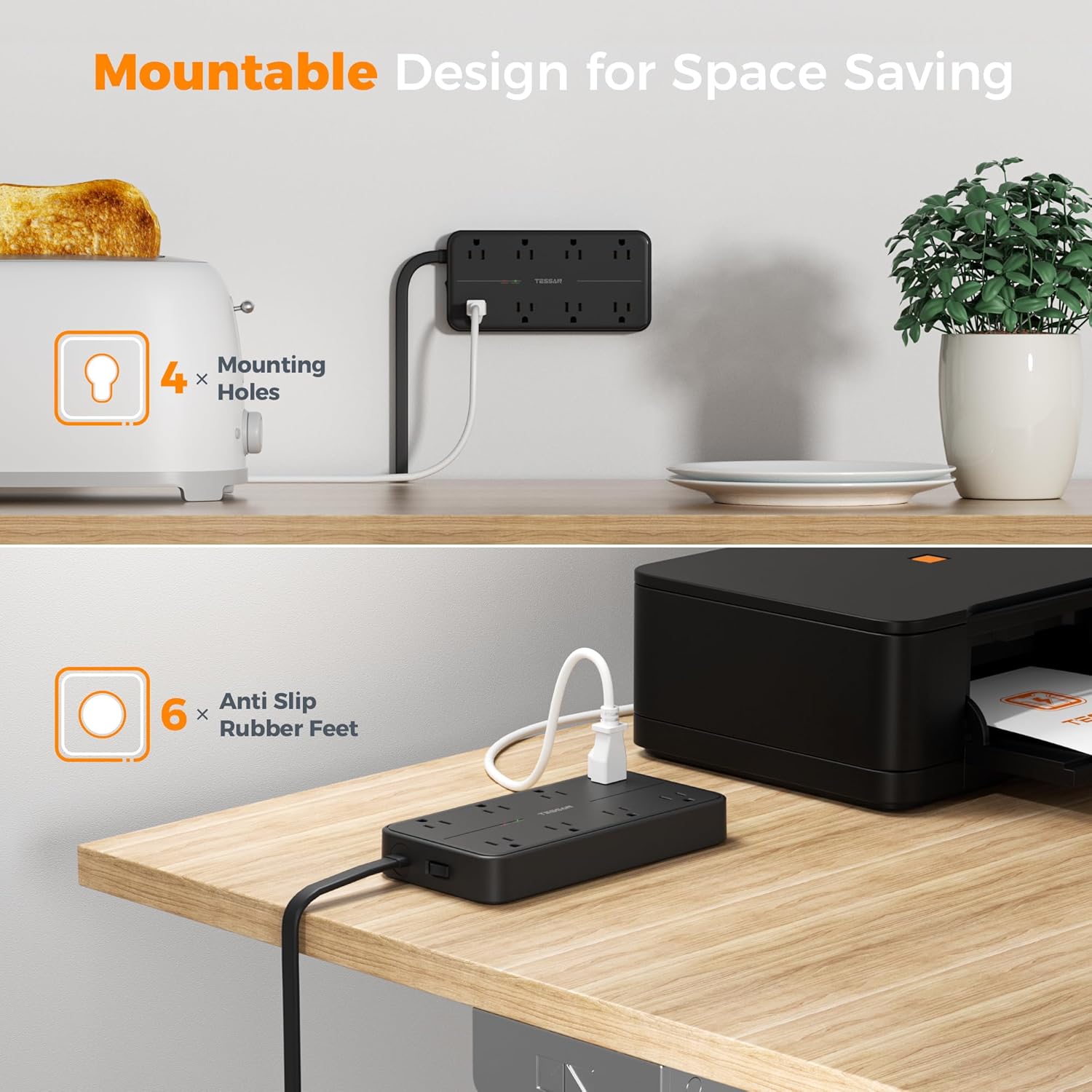 Mountable Design for Space Saving  
- 4 x Mounting Holes  
- 6 x Anti Slip Rubber Feet