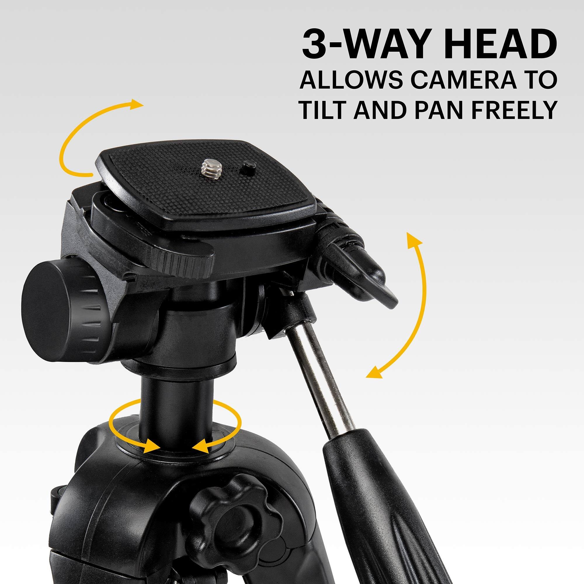 3-WAY HEAD ALLOWS CAMERA TO TILT AND PAN FREELY