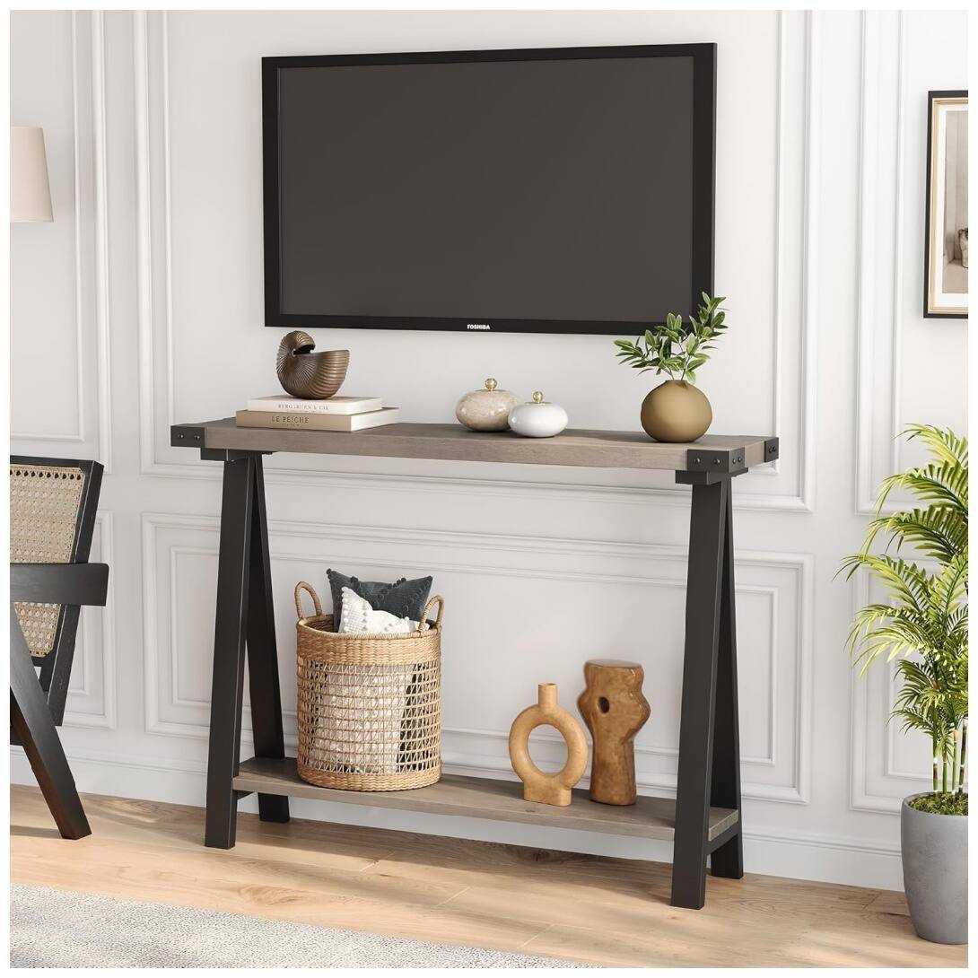 Alt View 1. GARVEE - Farmhouse Console Table Entryway Table with Storage, 2 Tier Sofa Table with Metal Frame - Grey.