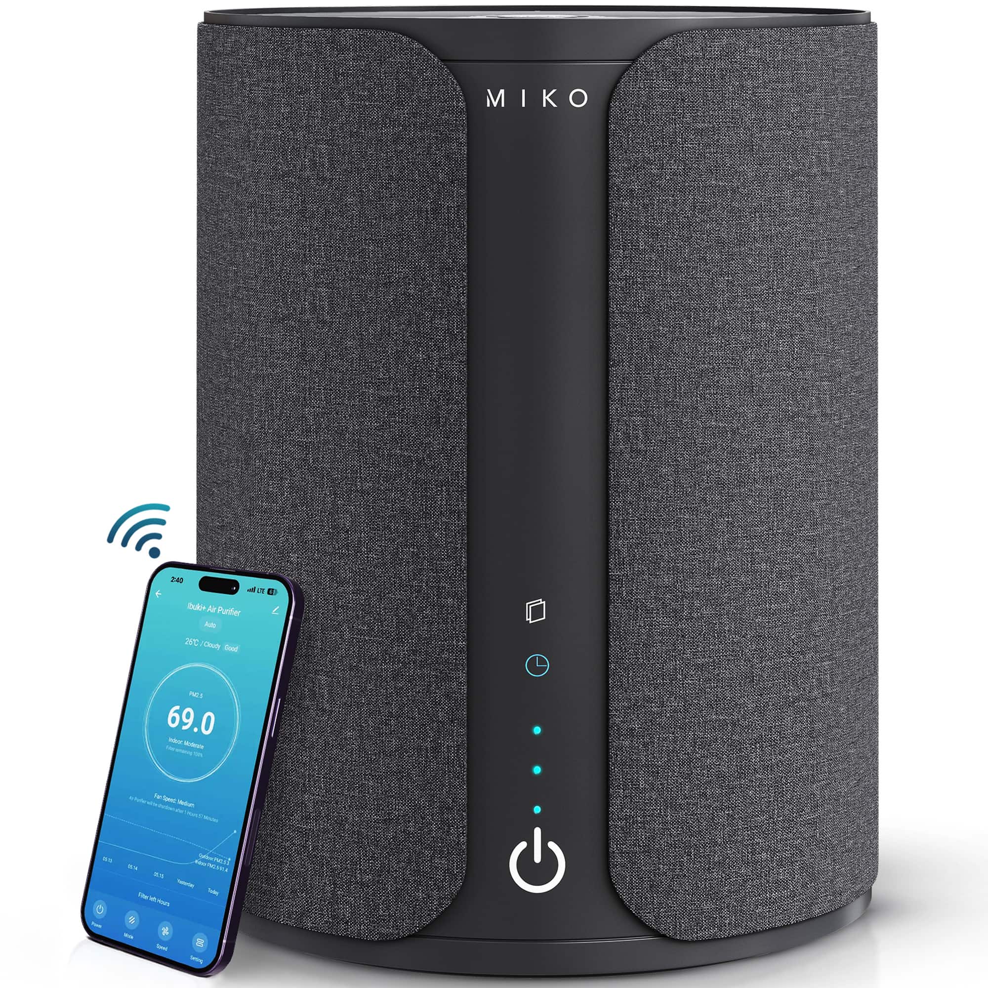 Miko - Ibuki 2.0 Smart Air Purifier with H13 HEPA Filter, App Control, Ionizer, Aromatherapy, for Rooms up to 1500 sq ft - Black