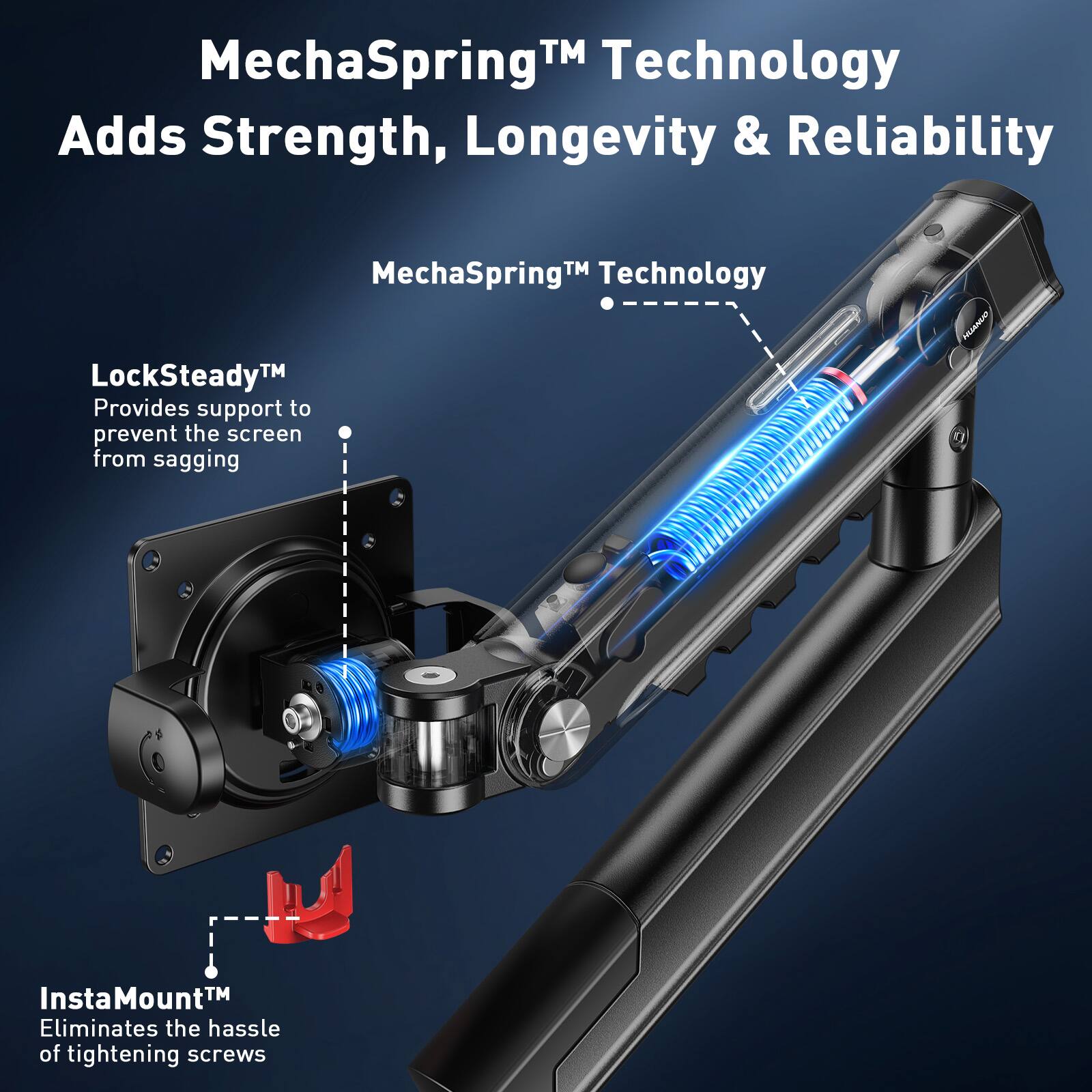 MechaSpring™ Technology Adds Strength, Longevity & Reliability

MechaSpring™ Technology

LockSteady™
Provides support to prevent the screen from sagging

InstaMount™
Eliminates the hassle of tightening screws
