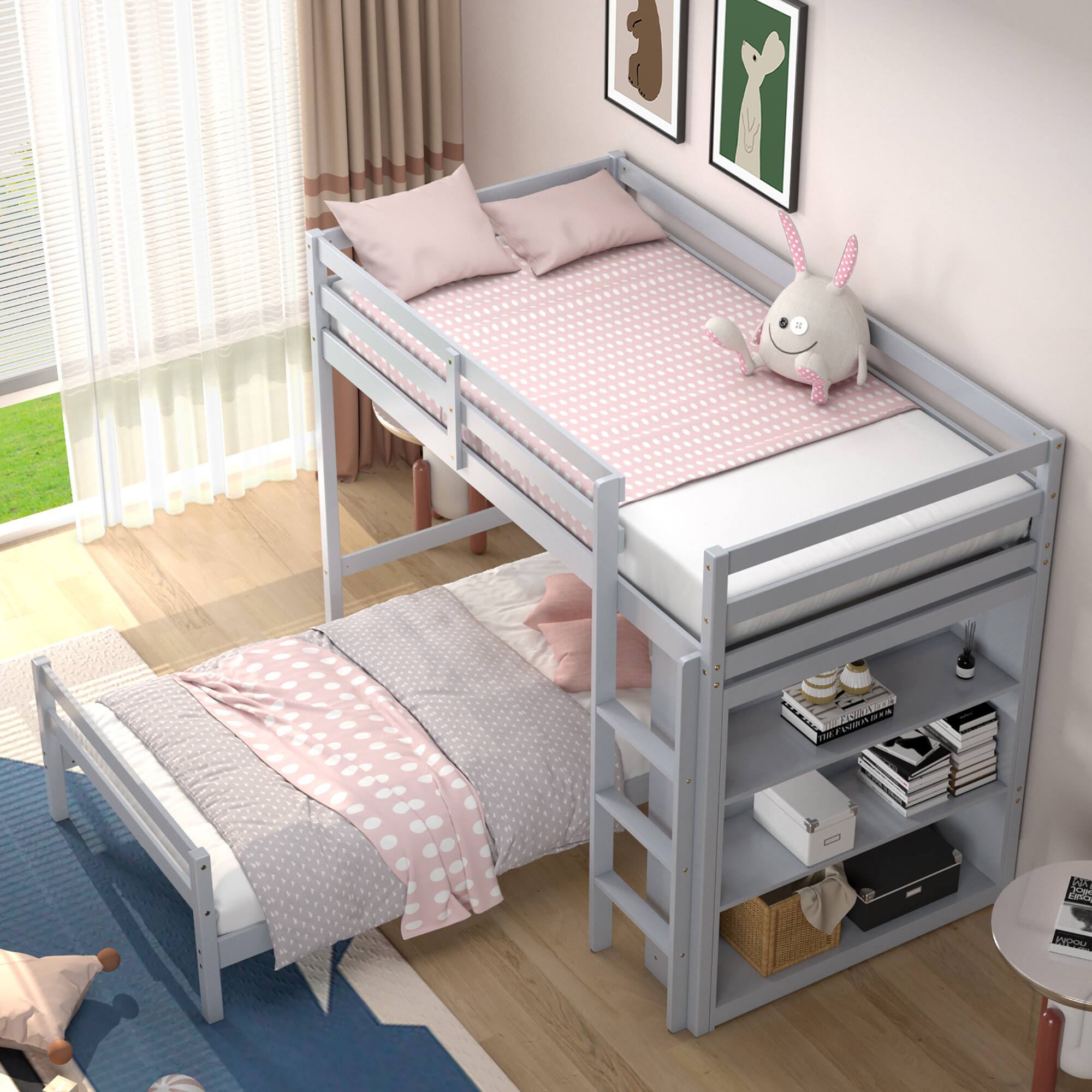 Alt View 5. Costway - Costway Twin Over Twin Loft Bunk Bed Wood w/Bookcase Guardrail Ladder Kids Bedroom - Grey.