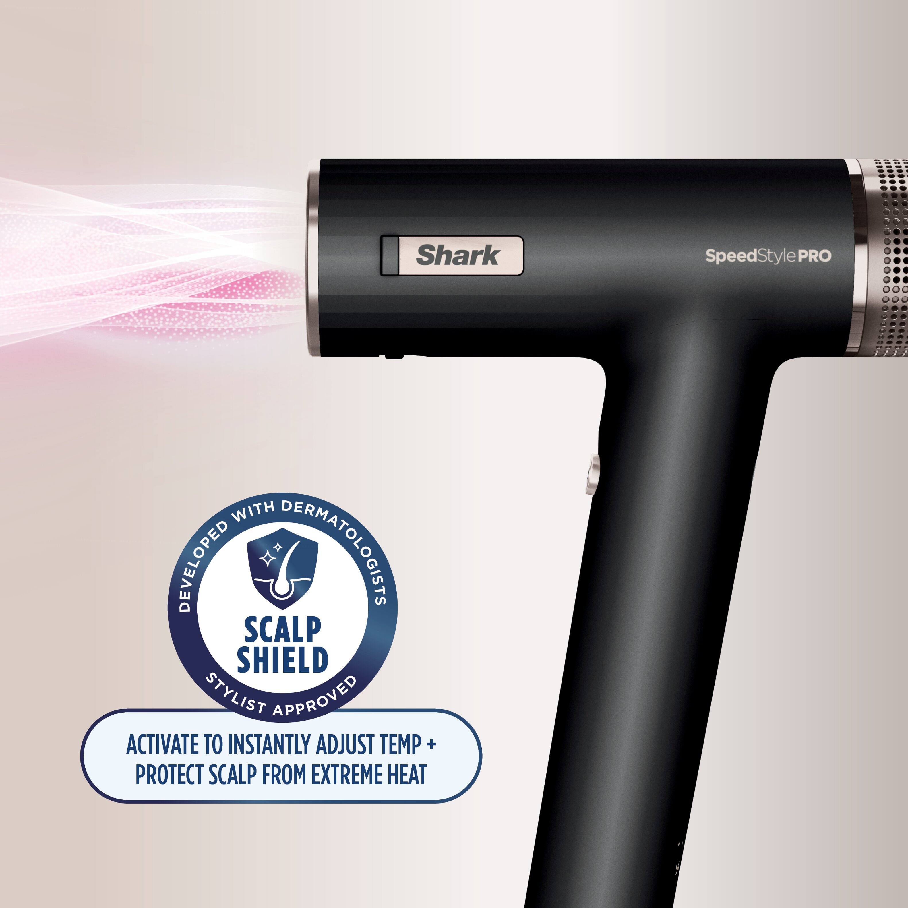 Shark SpeedStyle PRO is a hair dryer that has been developed with dermatologists and stylist approval. It features a scalp shield to protect the scalp from extreme heat. The hair dryer is activated to instantly adjust the temperature, ensuring a comfortable and safe drying experience.
