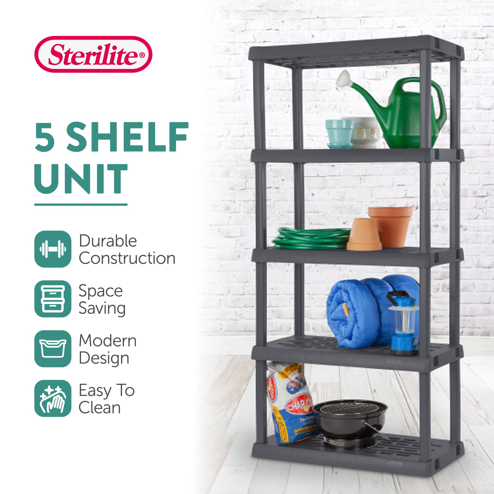 Sterilite  
5 SHELF UNIT  

- Durable Construction  
- Space Saving  
- Modern Design  
- Easy To Clean  

F HAR COA CHARC NZ