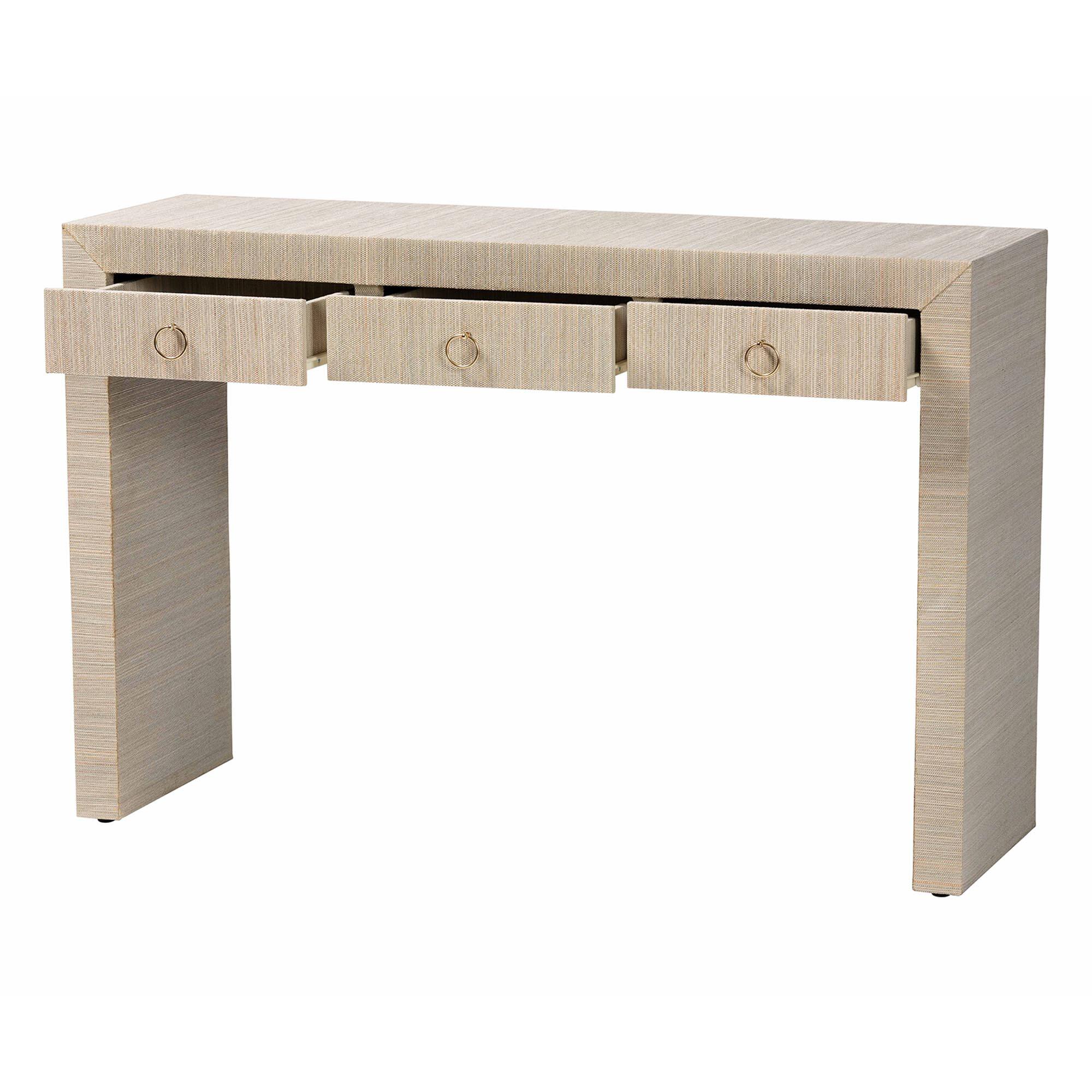 Angle. bali & pari - Cielo Bohemian Woven Grasscloth 3-Drawer Console Table - Natural/Gold.