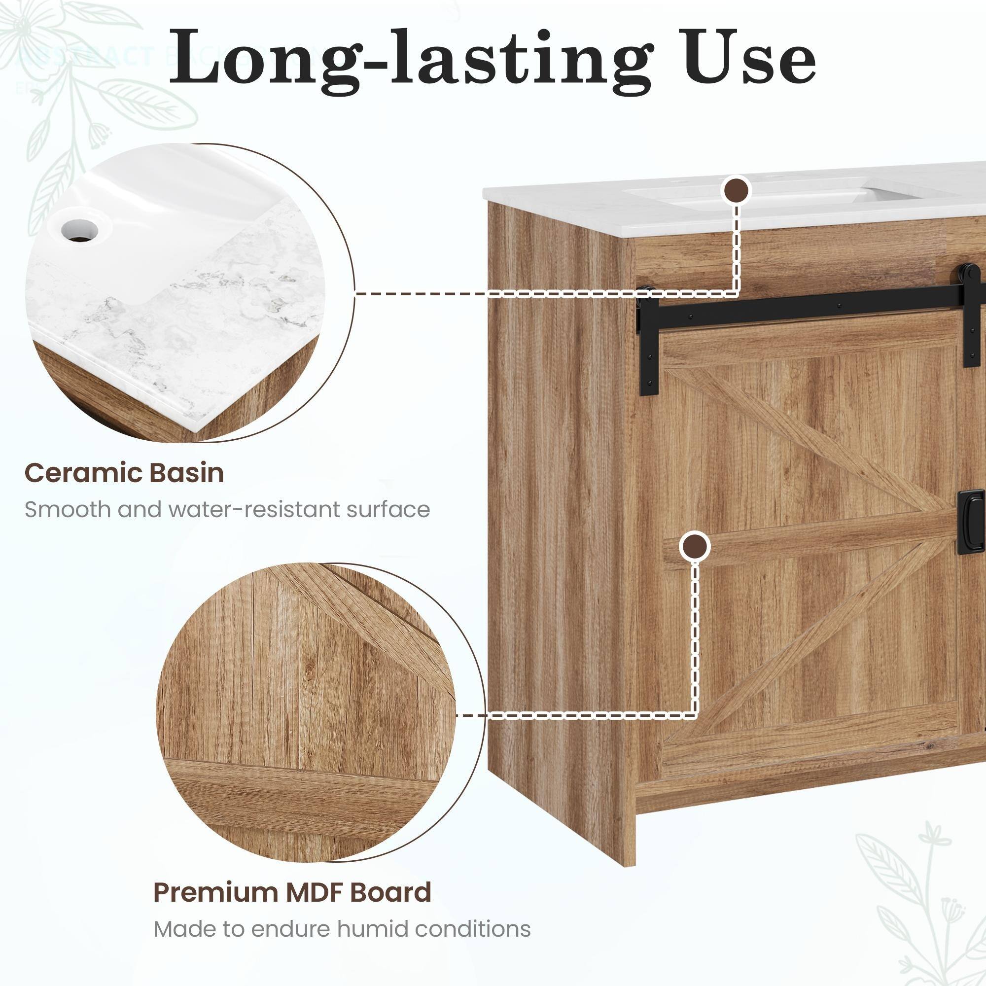 Long-lasting Use

Ceramic Basin  
Smooth and water-resistant surface

Premium MDF Board  
Made to endure humid conditions