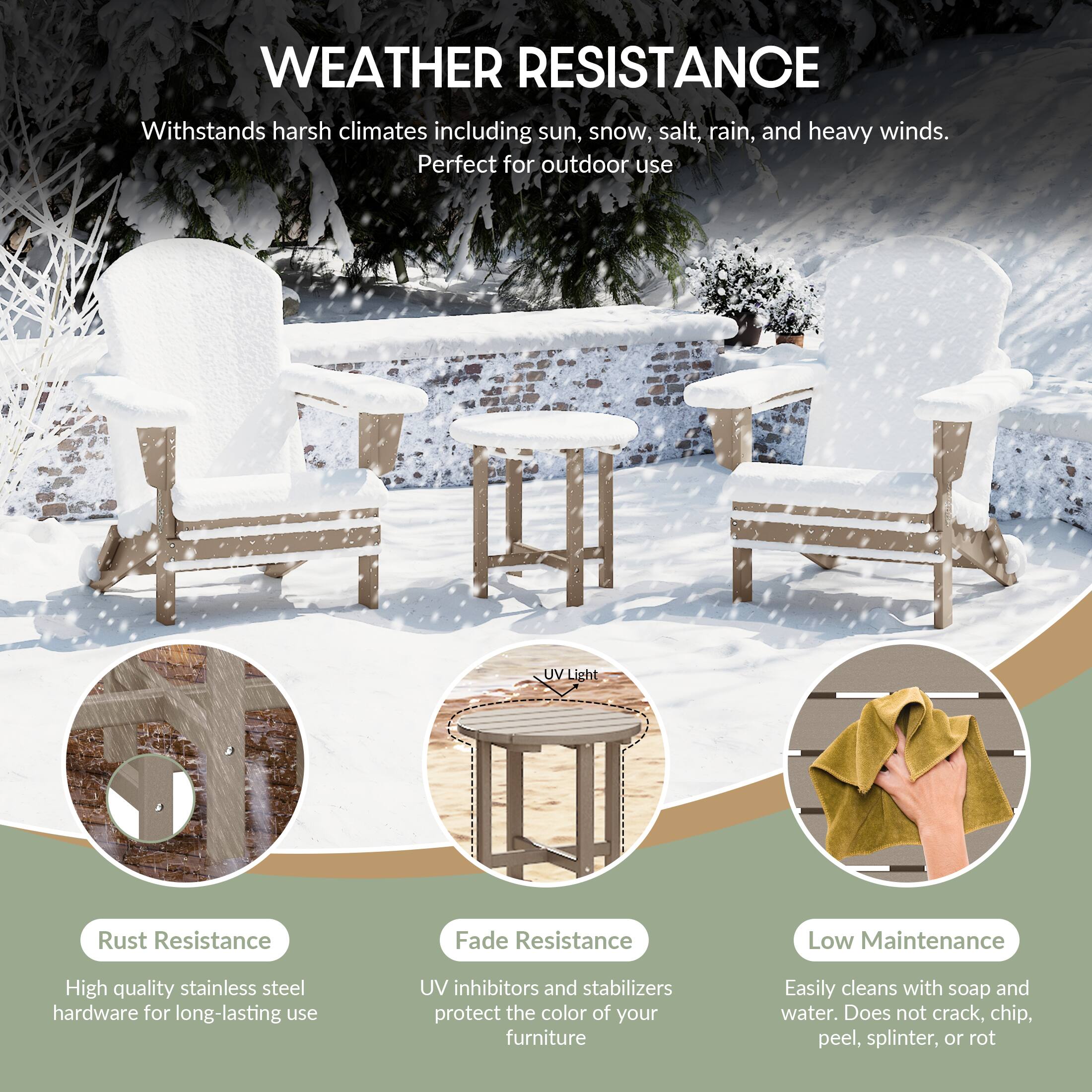 WEATHER RESISTANCE  
Withstands harsh climates including sun, snow, salt, rain, and heavy winds.  
Perfect for outdoor use  

- Rust Resistance  
  High quality stainless steel hardware for long-lasting use  

- Fade Resistance  
  UV inhibitors and stabilizers protect the color of your furniture  

- Low Maintenance  
  Easily cleans with soap and water. Does not crack, chip, peel, splinter, or rot