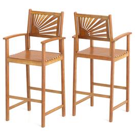 Gymax - Set of 2 Outdoor Acacia Wood Bar Stools Bar Height Patio Chairs w/ Backrests - Brown