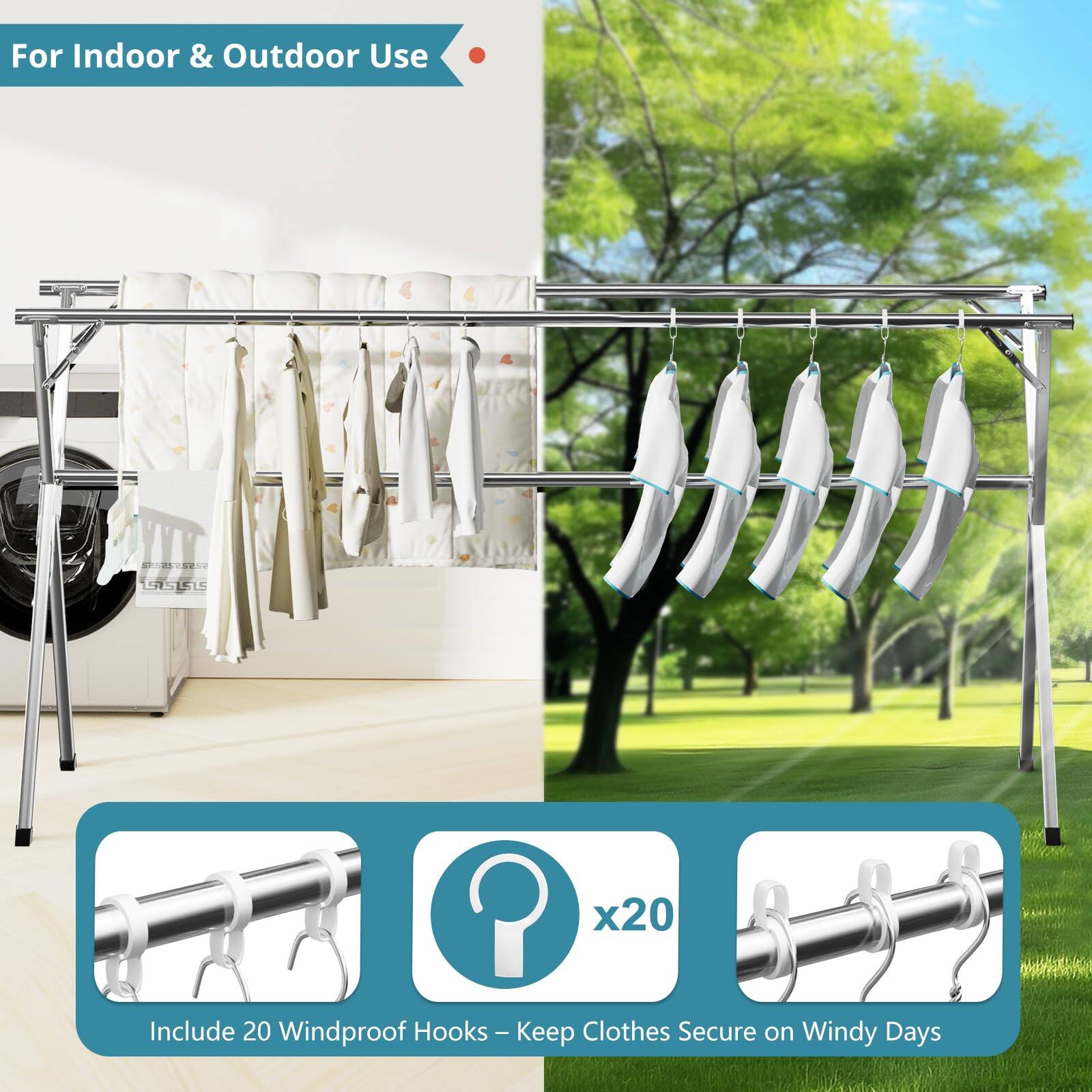 For Indoor & Outdoor Use

Include 20 Windproof Hooks – Keep Clothes Secure on Windy Days