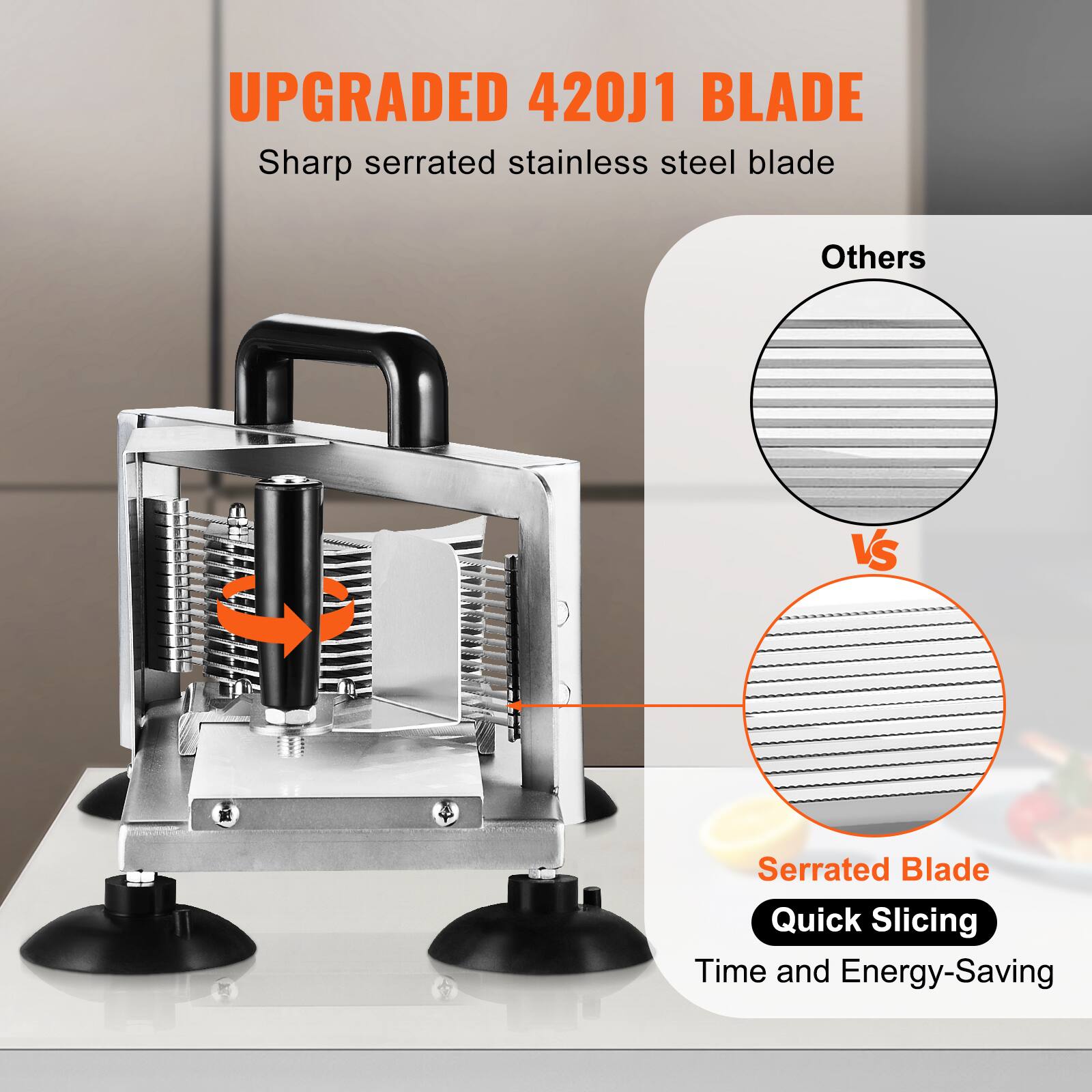 UPGRADED 420J1 BLADE  
Sharp serrated stainless steel blade  

Others  
vs  
Serrated Blade  
Quick Slicing  
Time and Energy-Saving